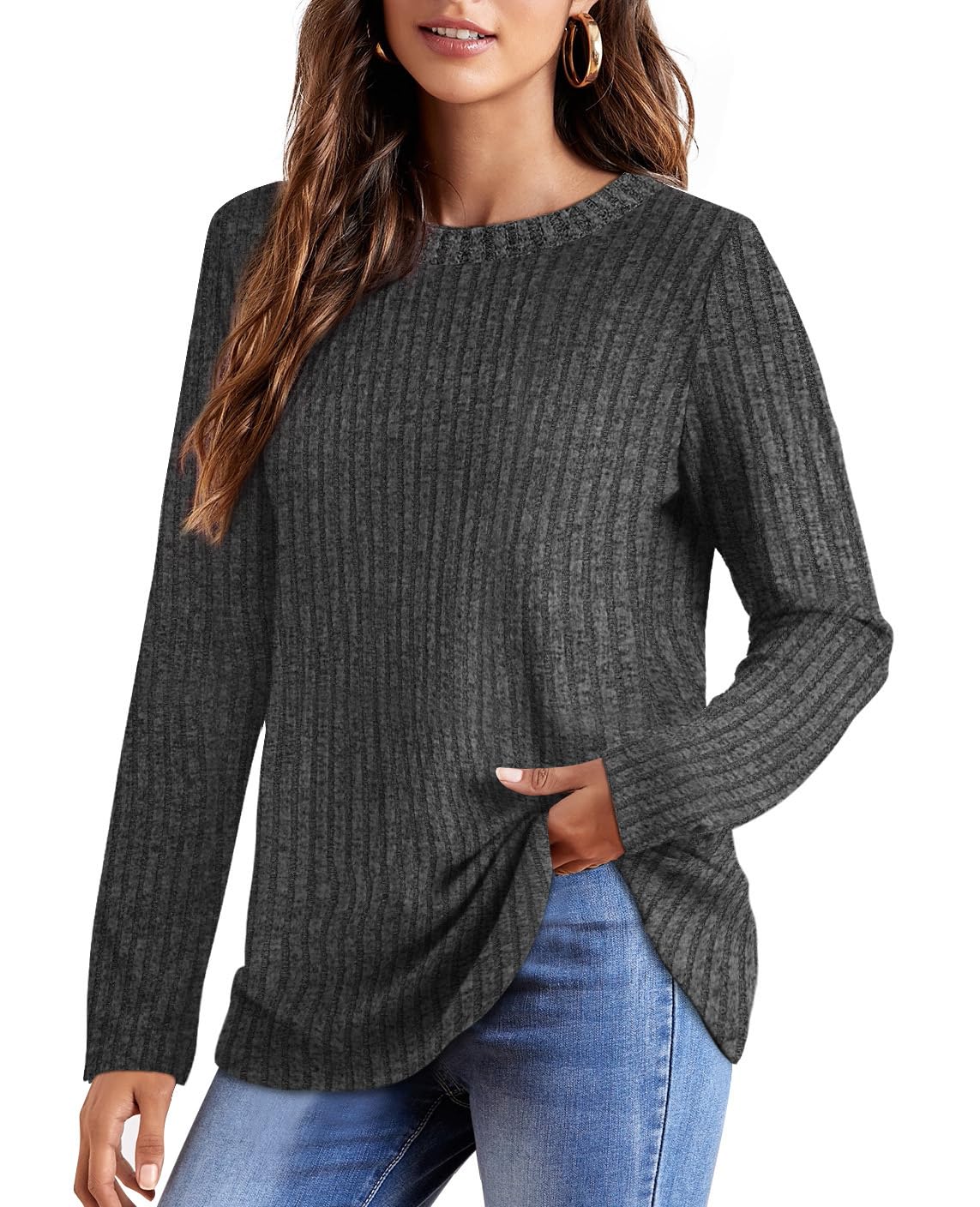 OFEEFAN Long Sleeve Shirts for Women Loose Fit Crew Neck Tunic Tops Blouse Dressy Casual Fall Winter Clothes Outfits