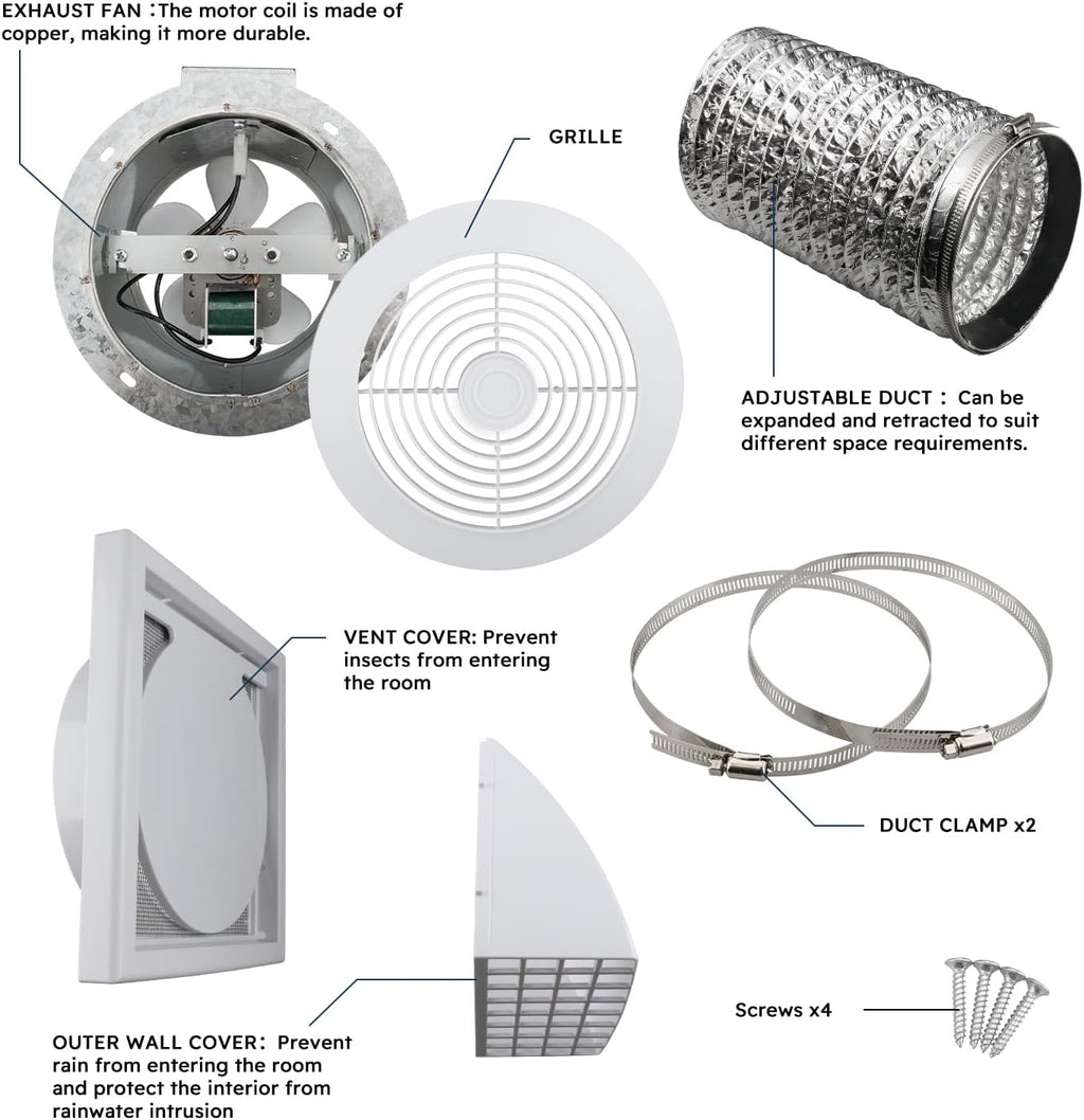 Quini 512M 6-inch Through Wall Exhaust Fan, 80 CFM 4.0 Sones, Bathroom Wall Exhaust Fan, Kitchen Ventilation Fan, 6-inch Diameter Vent, Retractable Duct, One-Year Warranty