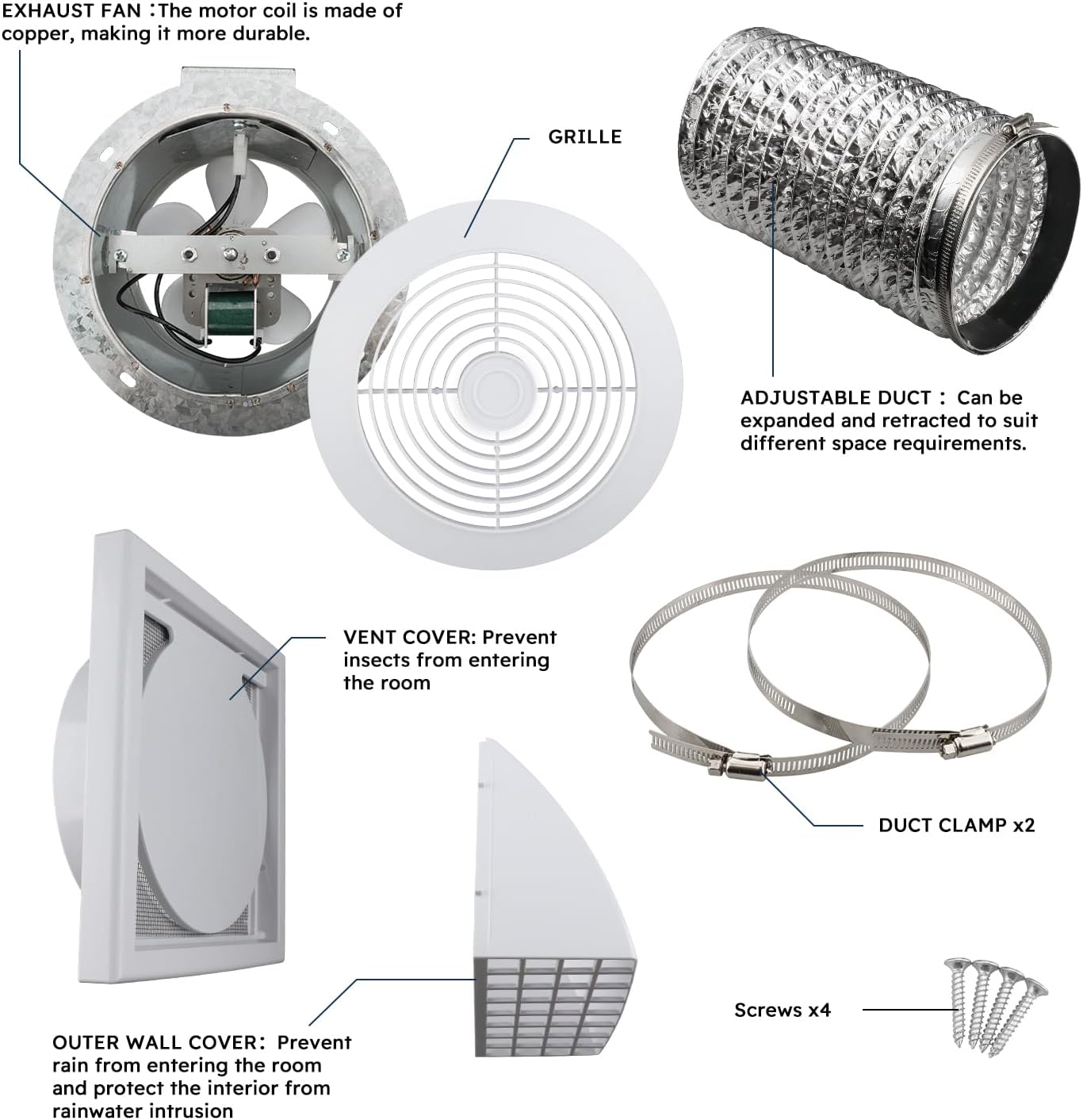 Quini 512M 6-inch Through Wall Exhaust Fan, 80 CFM 4.0 Sones, Bathroom Wall Exhaust Fan, Kitchen Ventilation Fan, 6-inch Diameter Vent, Retractable Duct, One-Year Warranty