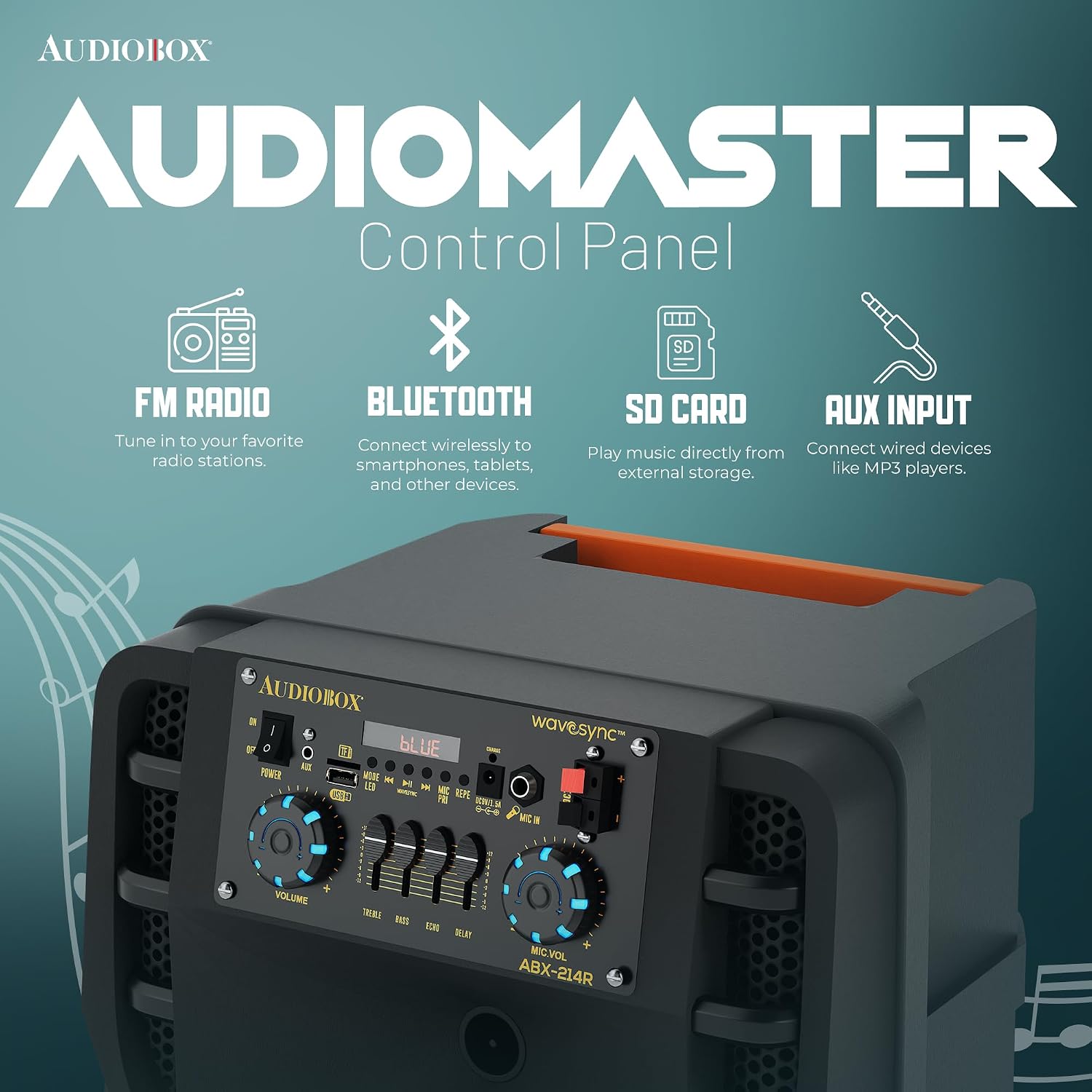 Audiobox ABX-214R Portable Bluetooth Speaker Karaoke Machine - Dual 12" Woofers, RGB Party Lights, AUX, Lightweight with Loud Bass, Singing Machine with Bluetooth & Wireless Microphone - 37-Inch Tall