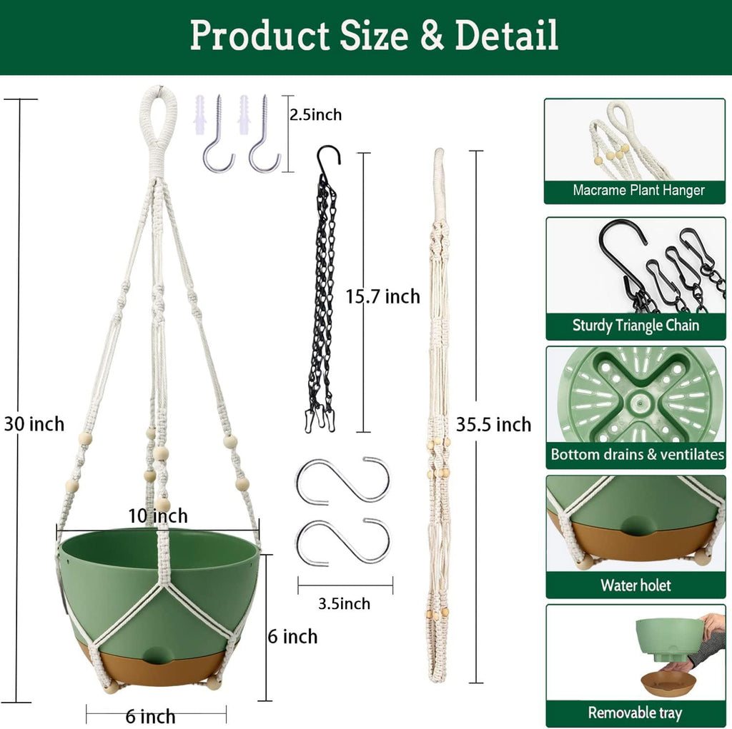 Koalaime Hanging Planter Self Watering 10 Inch, 2 Pack Indoor Outdoor Hanging Baskets, Hanging Flower Pots with Drainage Hole & 2 Kinds of Plant Hangers for Garden Home Decor(Green)…
