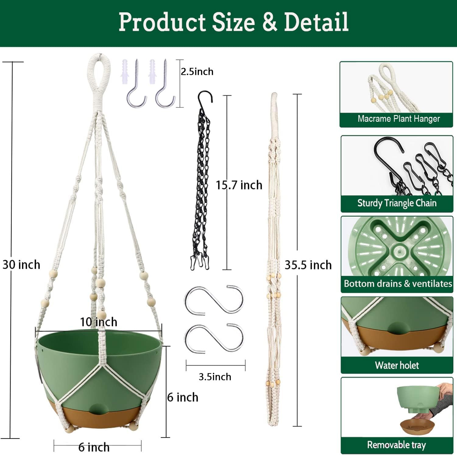 Koalaime Hanging Planter Self Watering 10 Inch, 2 Pack Indoor Outdoor Hanging Baskets, Hanging Flower Pots with Drainage Hole & 2 Kinds of Plant Hangers for Garden Home Decor(Green)…