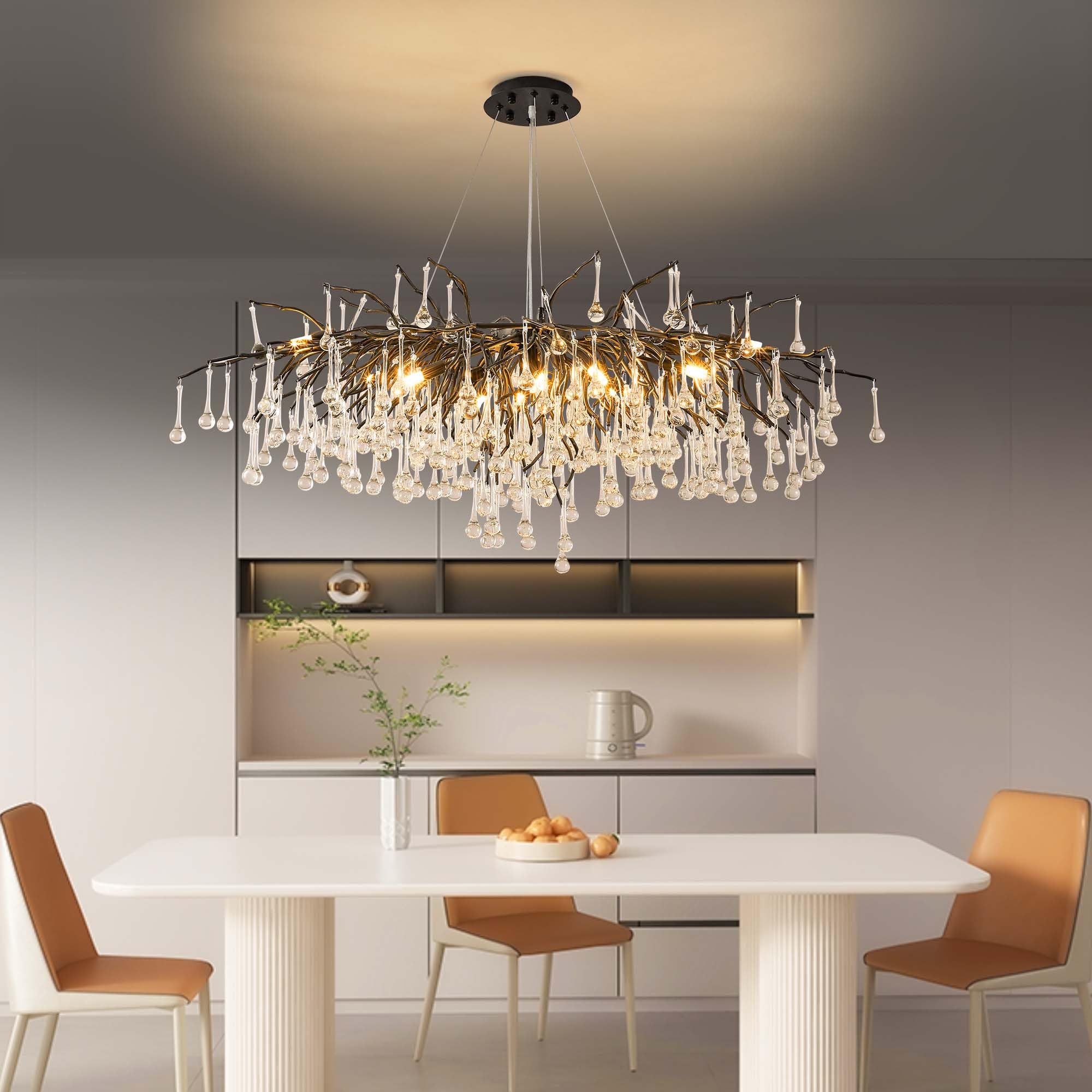 Modern Crystal Raindrop Chandelier, L40'' Black Linear Rectangle Art Deco Tree Branch Lighting Fixture for Kitchen Island Living Room Foyer Staircase 10 Lights