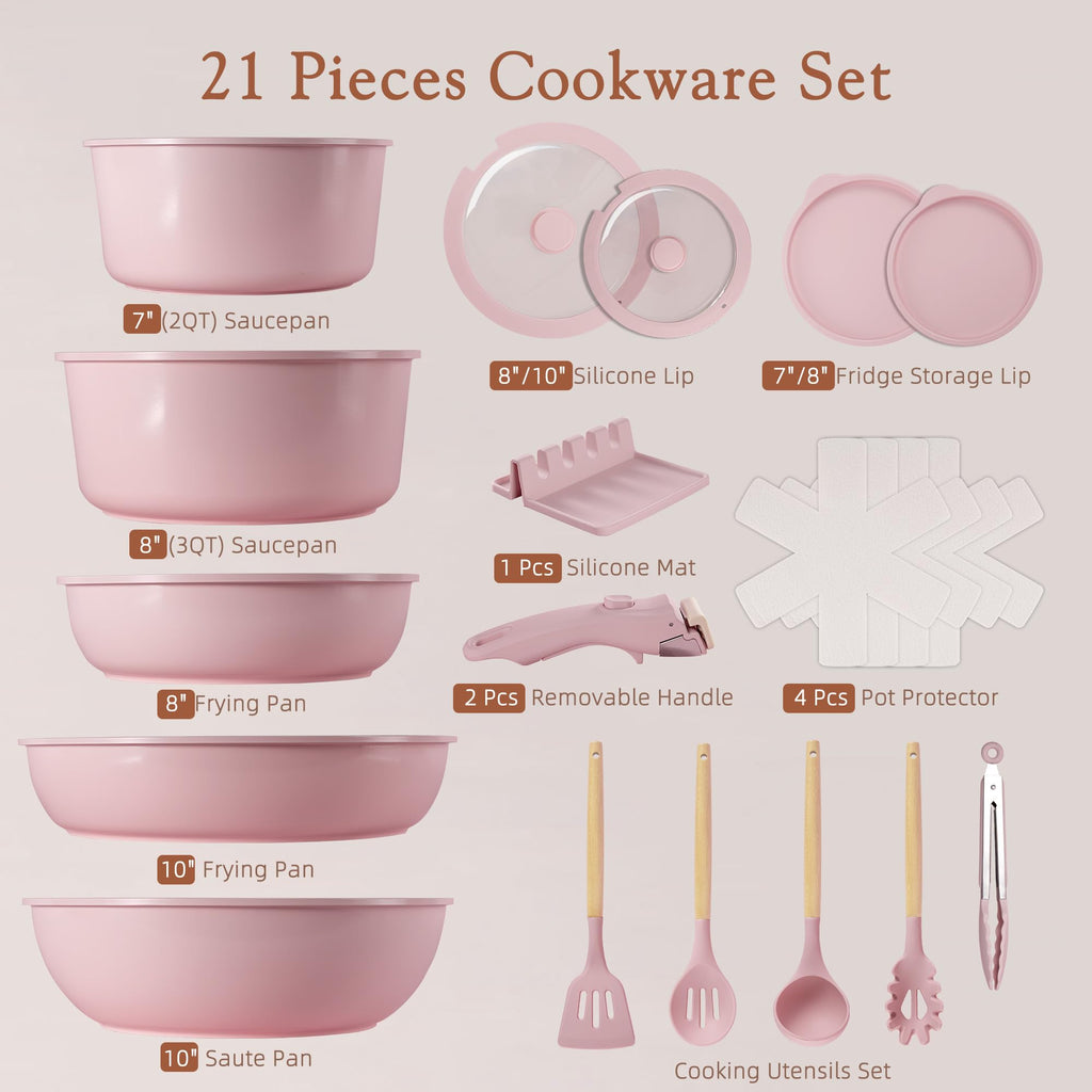 Astercook 21 Pcs Pots and Pans Set Non Stick, Ceramic Cookware Set Detachable Handle, RV Kitchen Cooking Set Removable Handles, Oven Safe, Induction Ready, Stackable, Black, Mothers Day Gifts