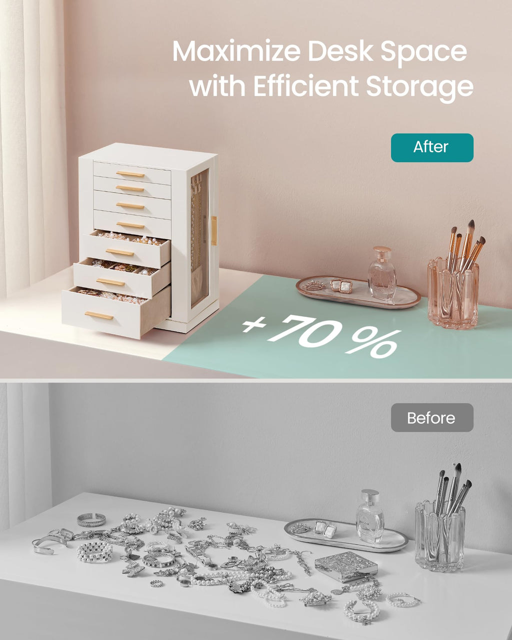 SONGMICS GISELLA Collection - Jewelry Box Organizer 360° Rotating, Vertical Jewelry Storage Case with 5 Drawers, Glass Window, Spacious, Open Design, Great Gift, Cloud White UJBC170W01