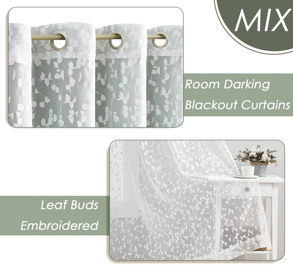 Jubilantex Full Blackout Curtains + Leaf Sheer Window Panels, Beige Mix and Match Style Double Layer Window Treatment Sets for Bedroom Living Room, 4 Panels 52" W x 63" L, Beige and White