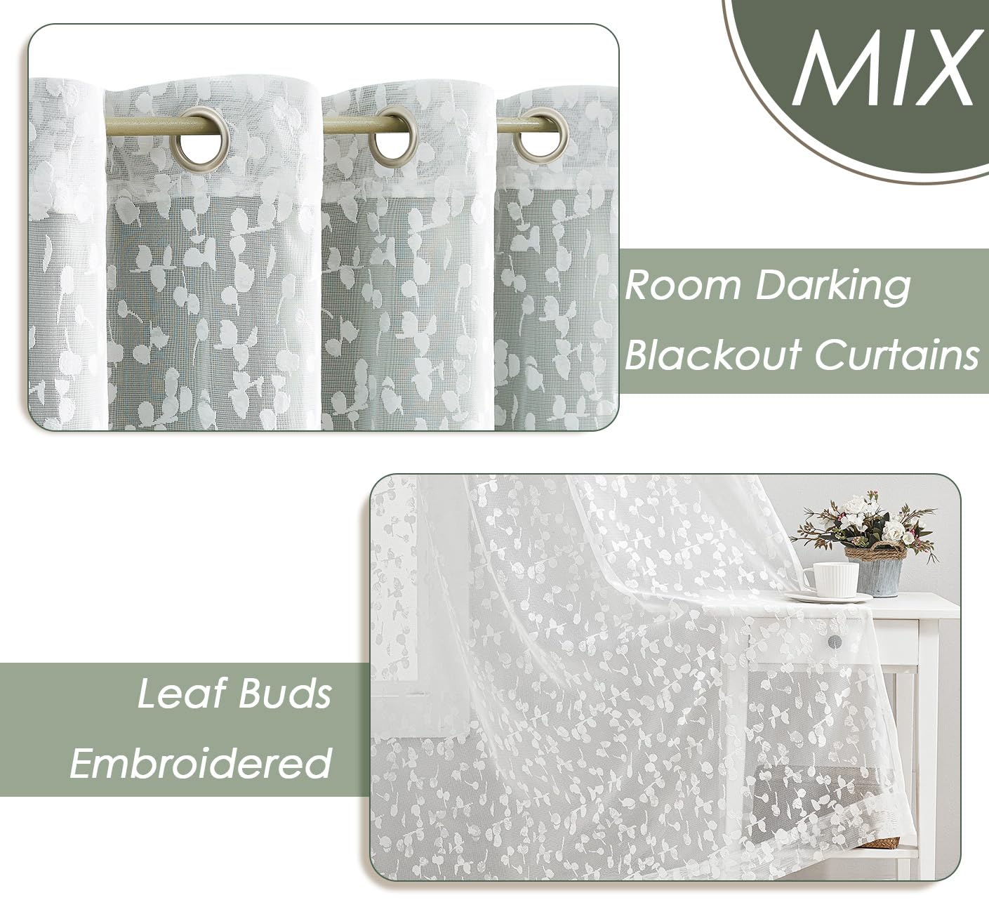 Jubilantex Full Blackout Curtains + Leaf Sheer Window Panels, Beige Mix and Match Style Double Layer Window Treatment Sets for Bedroom Living Room, 4 Panels 52" W x 63" L, Beige and White
