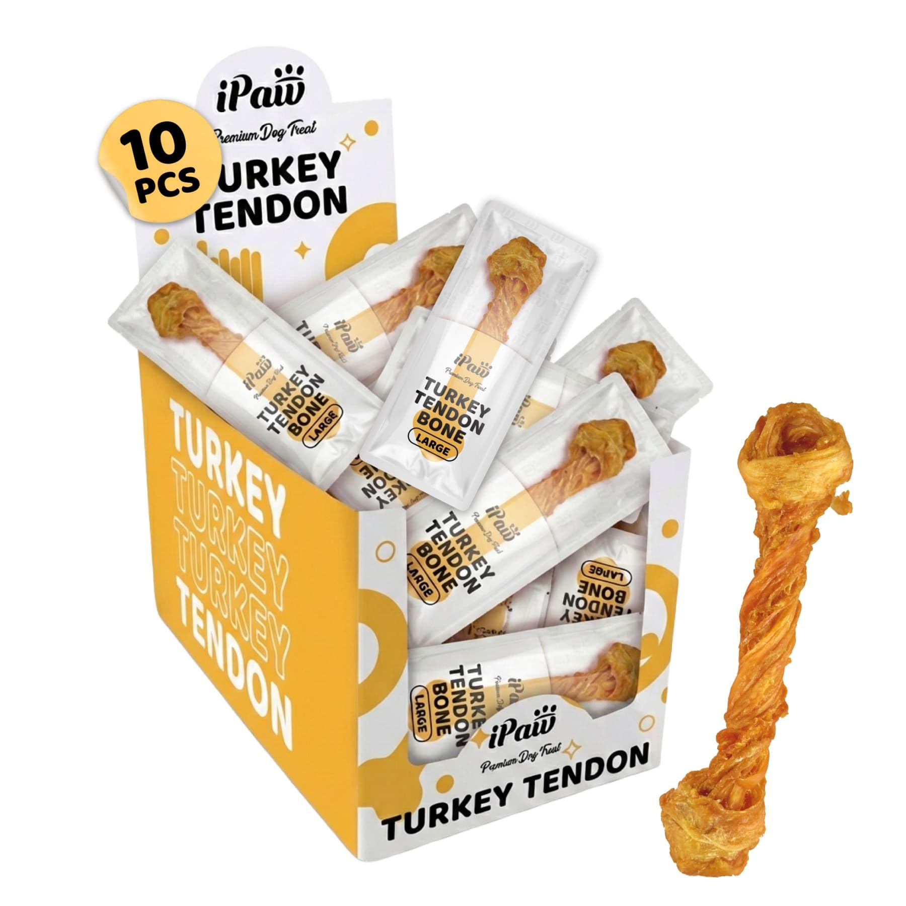 iPaw Turkey Tendons for Dogs 10 Pcs Bulk Pack, 100% Turkey and US Sourced Raw Material, Hypoallergenic, All Natural Human Grade Puppy Chew, Rawhide Alternative Dog Treats, Bone (Large)