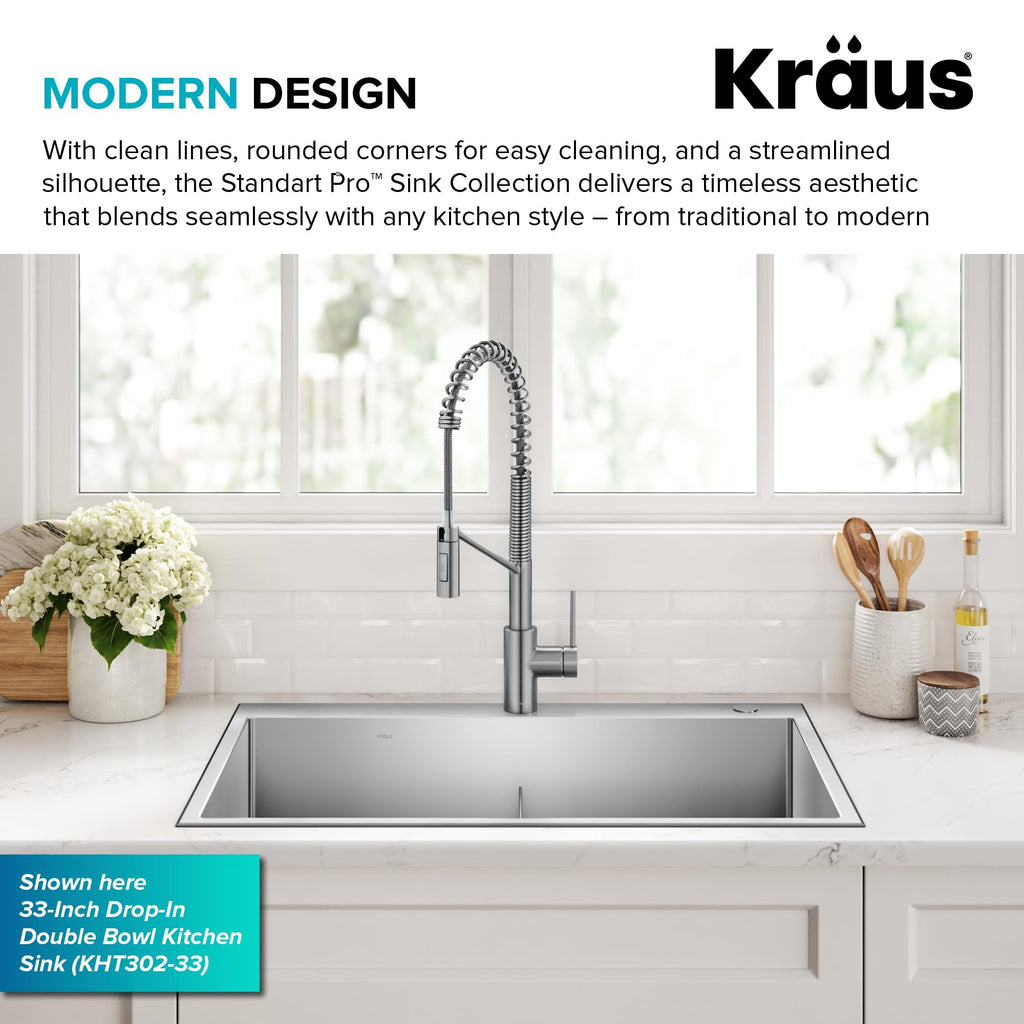 KRAUS Standart PRO™ 32-inch 16 Gauge Undermount 60/40 Double Bowl Stainless Steel Kitchen Combo with WasteGuard™ Continuous Feed Garbage Disposal, KHU103-32-100-75MB