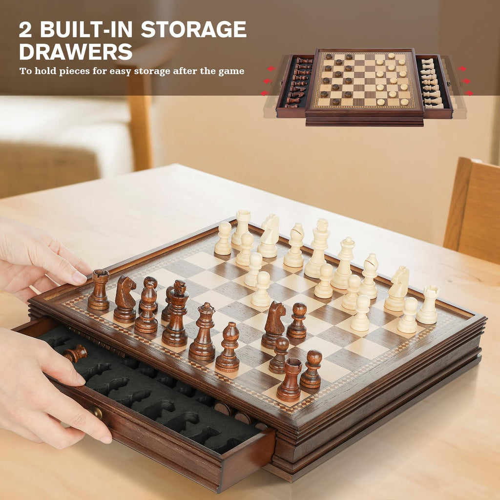 Peradix Magnetic Chess and Checkers Set with 2 Built-in Storage Drawers, Classic 2 in 1 Wooden Board Games, Magnetic Chess Pieces 2 Extra Queens, 12.8" Chess Set for Adults and Kids Gift Package