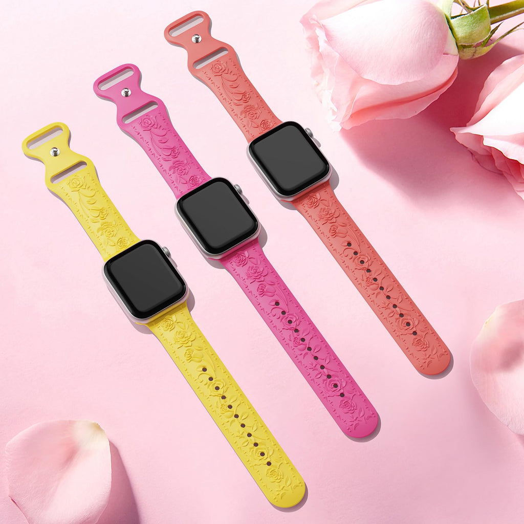Floral Engraved Band Compatible with Apple Watch Band 40mm 41mm 38mm 42mm 44mm 45mm 46mm 49mm Women, Soft Silicone Cute Embossed Flower Strap for iWatch Band Series SE Ultra 11 10 9 8 7 6 5 4 3 2 1