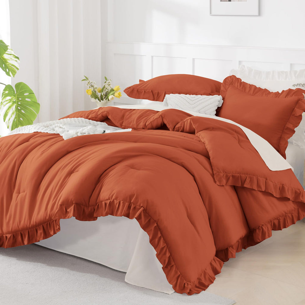 Andency Beige Twin Size Ruffle Comforter, 2 Pieces Farmhouse Shabby Classic Bed Set for Kids, Lighteweight Soft Polyester Bedding Set for Girls(1 Ruffle Comforter and 1 Pillowcase)