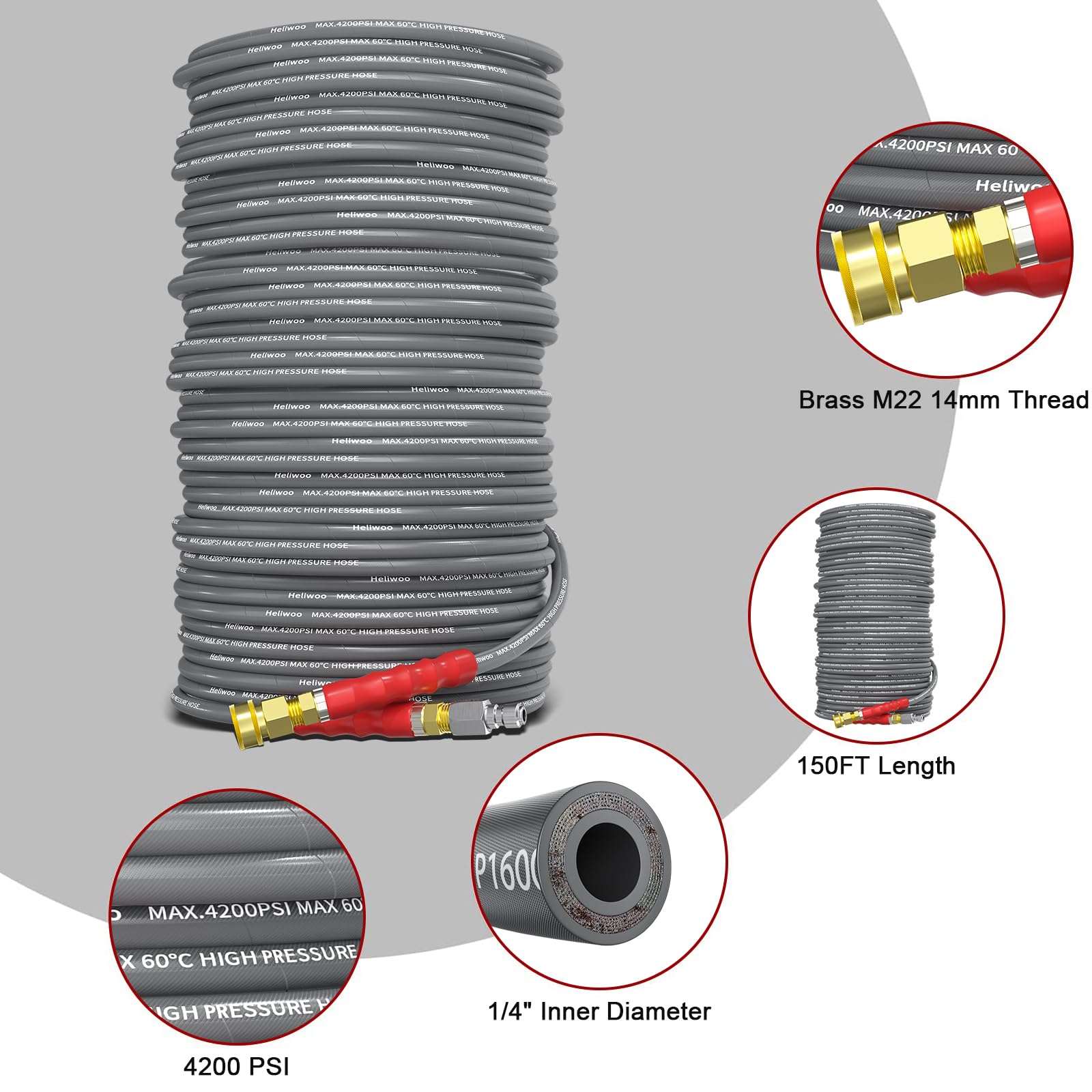 Pressure Washer Hose 25FT, 4200PSI High Tensile Wire Braid Kink Resistant Power Washer Extension Hose, 1/4'' Flexible Replacement Hose with M22-14mm Brass Swivel Thread and 3/8 Quick Connect