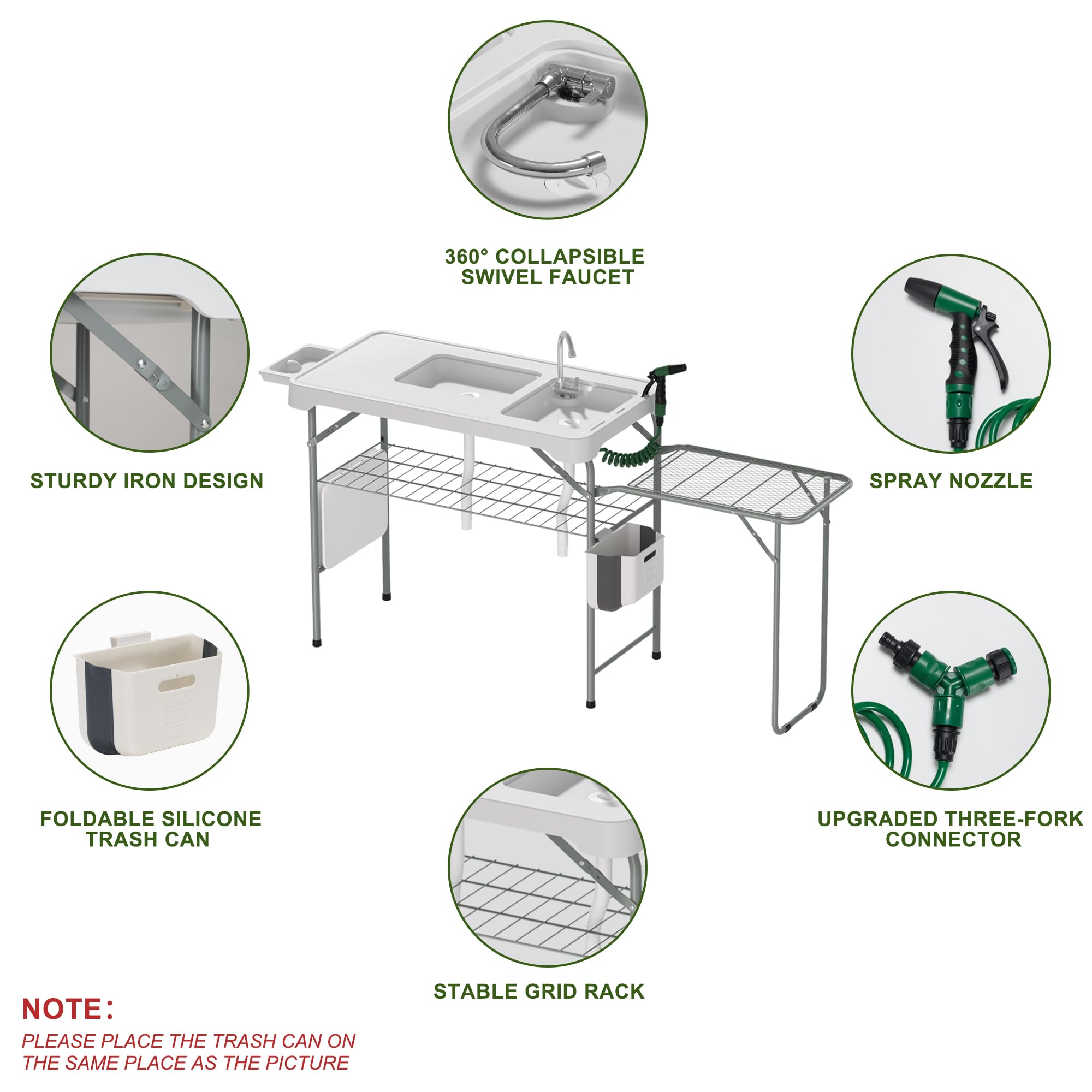 Dragosum Fish Cleaning Table, Portable Folding Camping Table with Folding Grill Extension Board, Fish Cleaning Station with Dual Sinks, Hose Hook Up