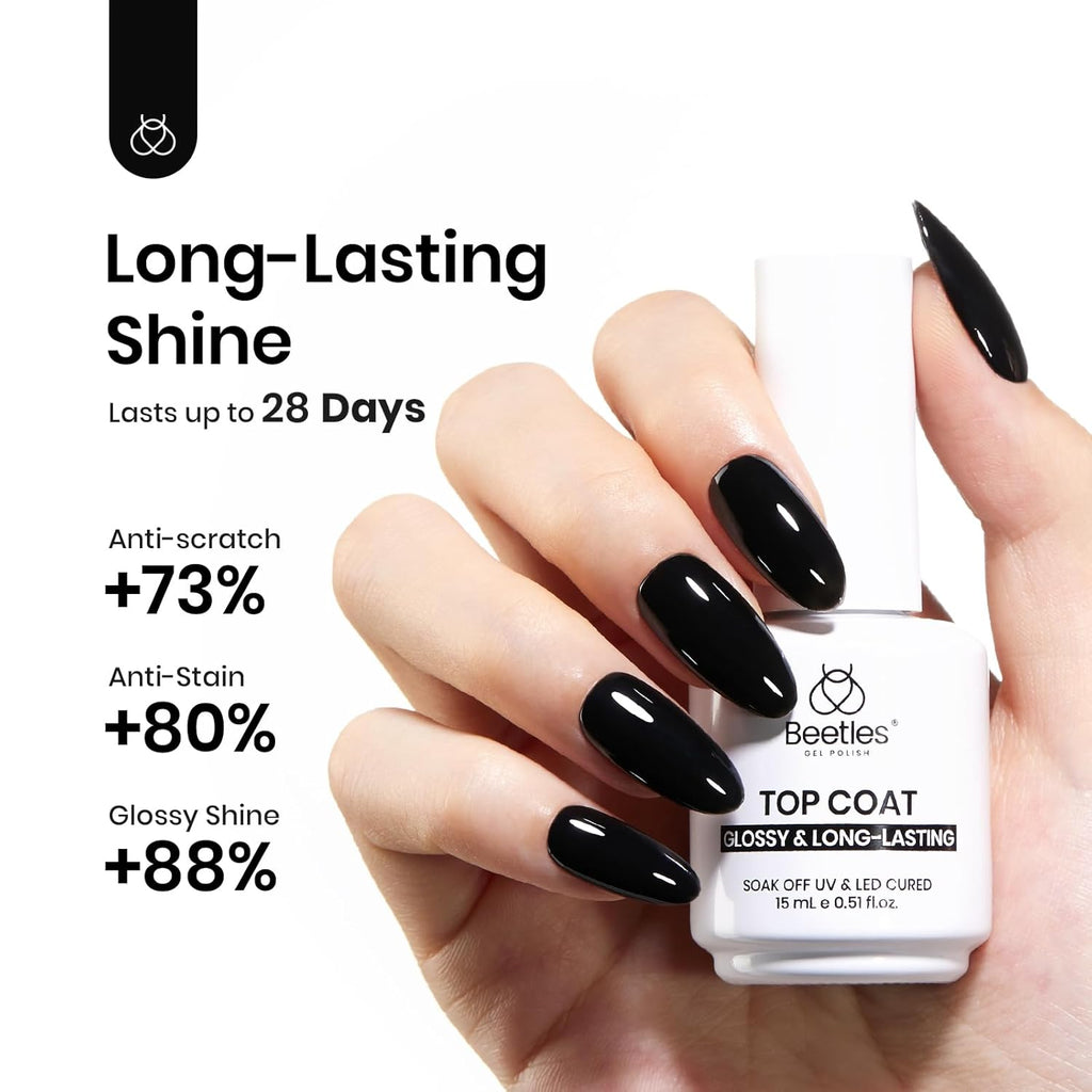 Beetles 2Pcs 15ml Gel Base and Top Coat Set - Upgrade No Wipe Extra Glossy Top Coat Finish for Gel Nail Polish, Soak Off UV/LED Lamp Needed, Essentials for Long-Lasting Manicure Kit