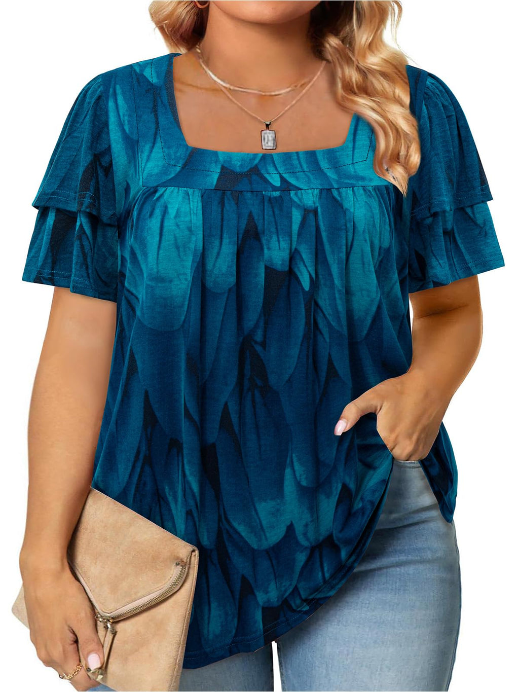 Siddhe Womens Plus Size Tops Loose Fit 3/4 Ruffle Sleeve Blouses Square Neck T Shirt Casual Tunic Tops(1X-5X)