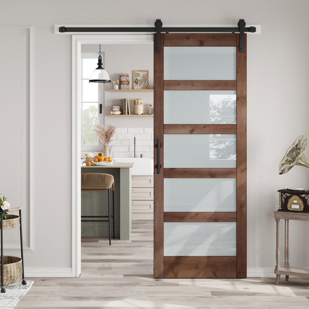 Double 18×84 inch Glass Sliding Barn Door Slab with 6.6ft Hardware Kit Included, 5-Panel Frosted Glass, Spruce Wood Support DIY Dyeing, Easy Assembly
