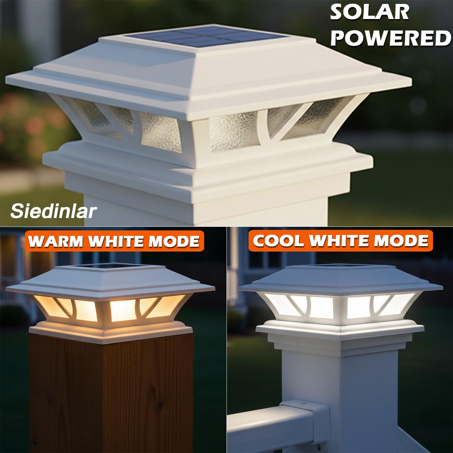 SIEDiNLAR Solar Post Lights Outdoor 2 Modes LED Deck Fence Cap Light for 4x4 5x5 6x6 Posts Patio Garden Decoration Warm White/Cool White Lighting Black (1 Pack)