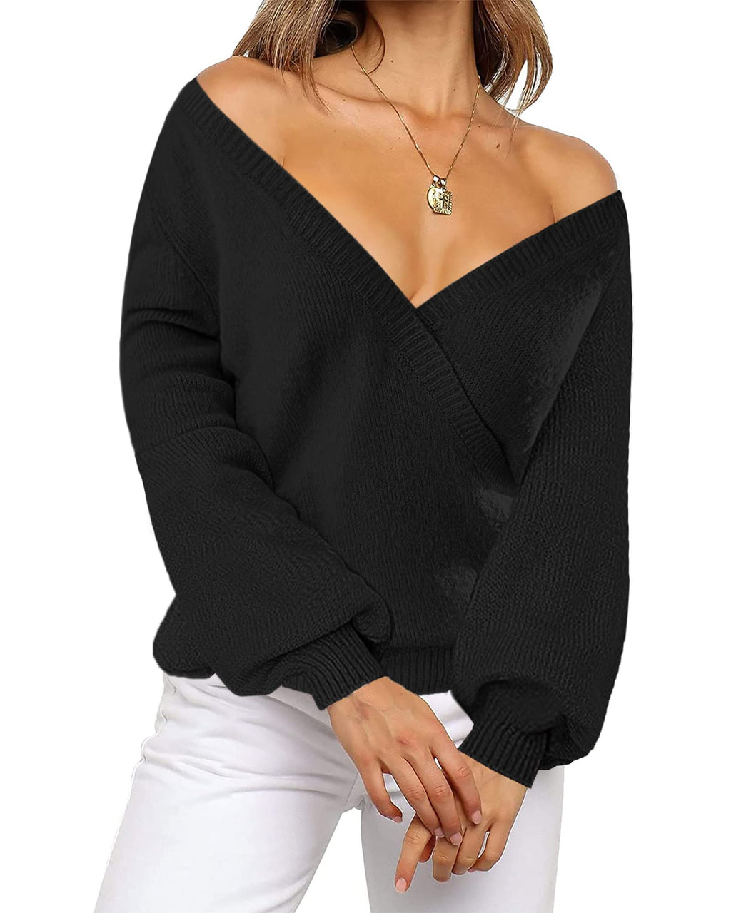 LookbookStore Women's Knit Long Sleeve Faux Wrap Surplice V Neck Sweater Top