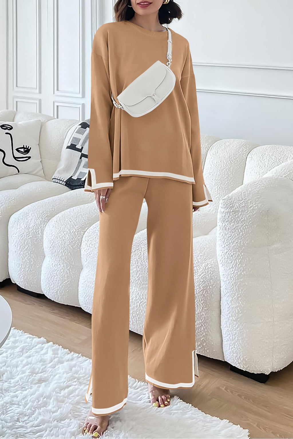 PRETTYGARDEN Women's 2 Piece Knit Sweater Set Travel Outfits | Long Sleeve Tops, Wide Leg Pants, Soft Matching Sweat Track Suits, Casual Fall Winter Clothes for Brunch, Going Out & Cruise