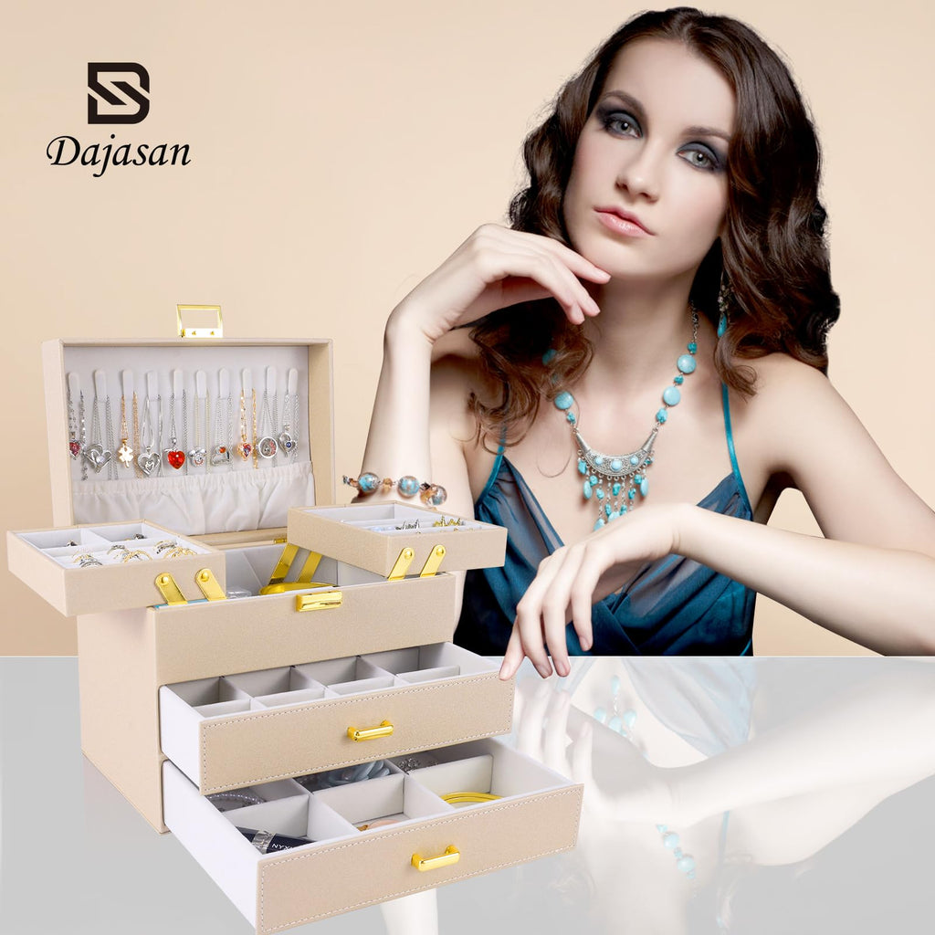 Dajasan Jewelry Organizer Box, Large Jewelry Boxes for Women Girls, Space-Saving 4 Layers Jewelry Storage Case with Drawer, Movable Metal Stand, Modern, Gift Idea (Green)