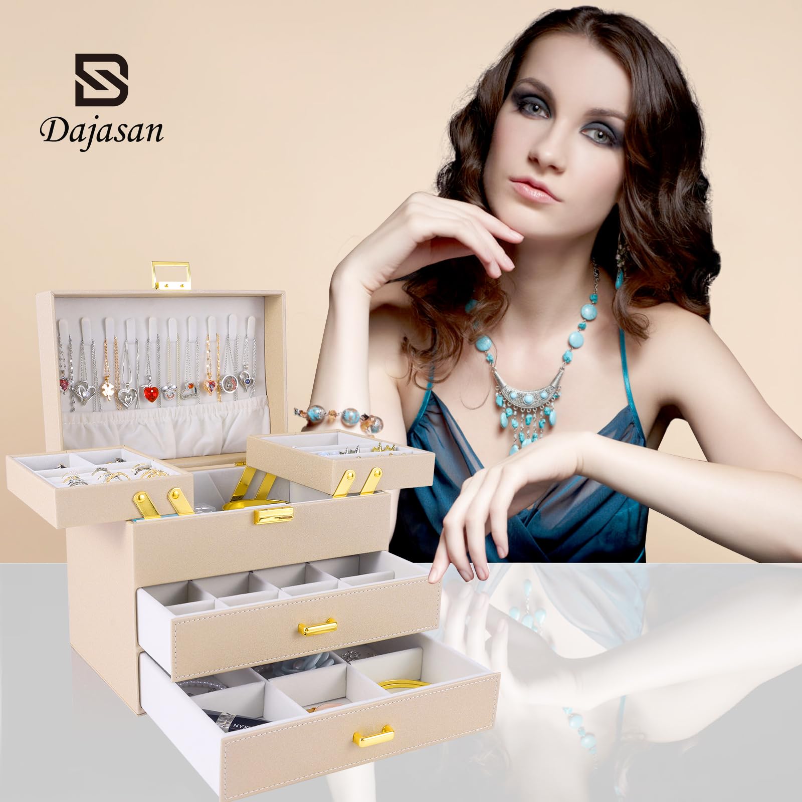 Dajasan Jewelry Organizer Box, Large Jewelry Boxes for Women Girls, Space-Saving 4 Layers Jewelry Storage Case with Drawer, Movable Metal Stand, Modern, Gift Idea (Green)