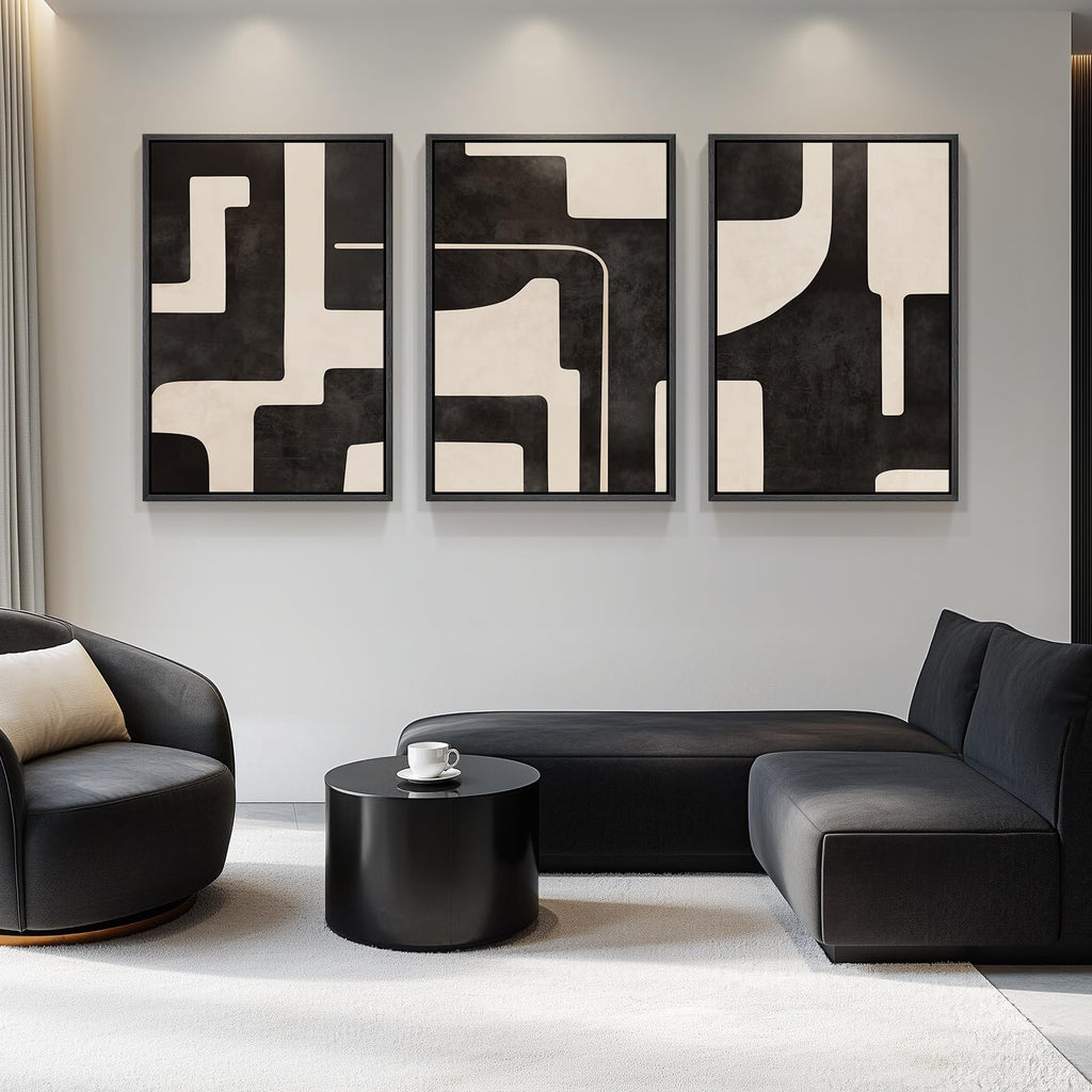 Framed Black and White Modern Abstract Wall Art, 3 Piece Canvas Prints Paintings Artwork for Walls, Minimalist Black White Grey Pictures for Living Room Dining Room Bedroom Office Wall Decor 16x24 In
