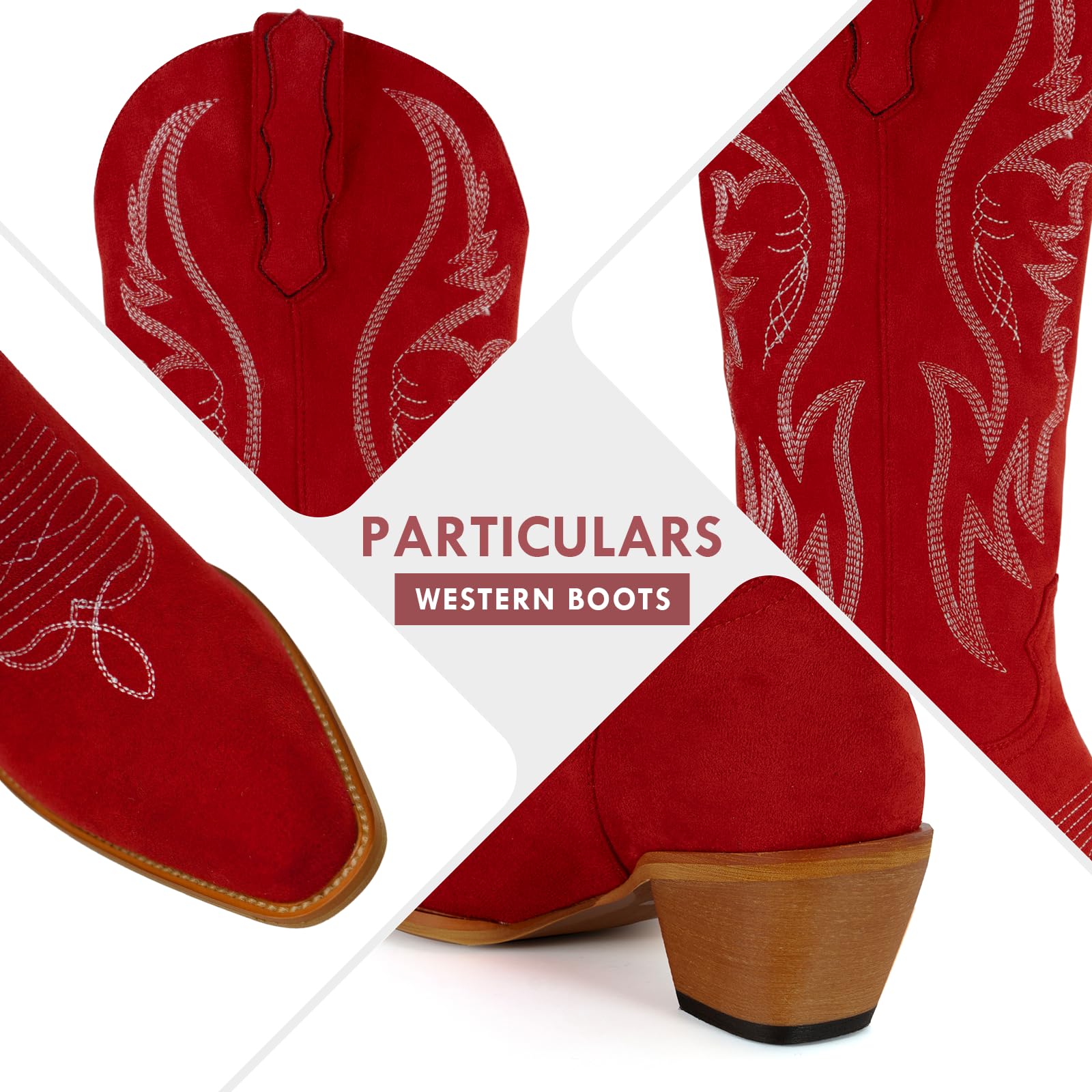 GORBINETI Women Cowboy Boots Mid Calf Cowgirl Western Boots Embroidered Suede Pull On Almond Toe Chunky Heel