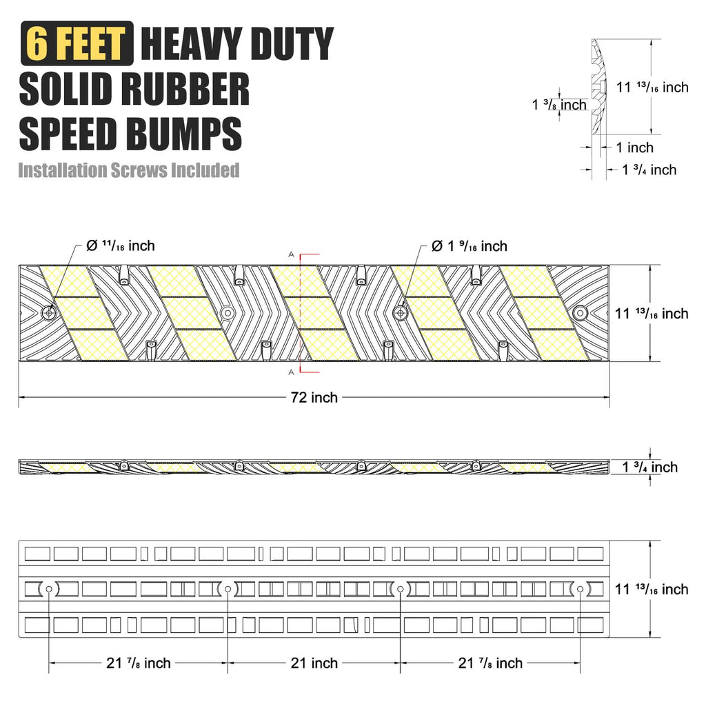 72" x 10" x 2" inch Portable Speed Bump Hump, 6' Feet Durable Collapsible Road Safety Bumps, Vehicles Hump Bumps for Asphalt Concrete Gravel Garage Driveway Roads Parking (72" Curlable Bump)