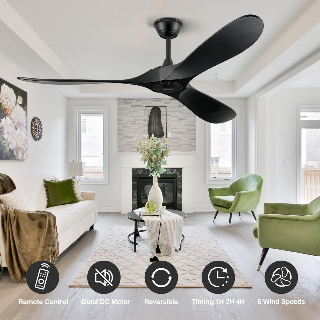 ABZ Ceiling Fans without Lights - 52 Inch Modern Ceiling Fans no Lights with Remote Control, Black 3 Blade Solid Wood Indoor Outdoor Ceiling Fans for Patios Living Room Bedroom