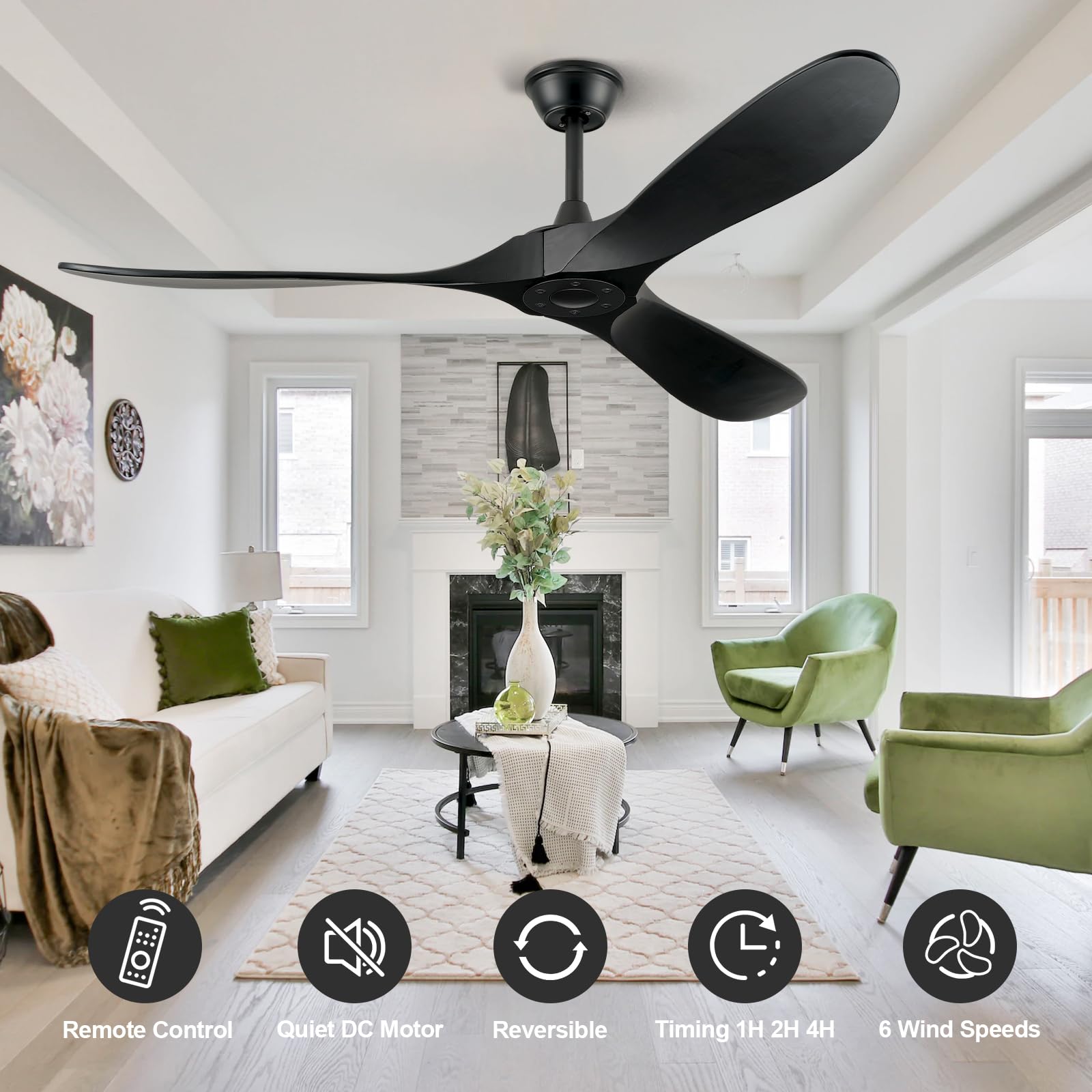 ABZ Ceiling Fans without Lights - 52 Inch Modern Ceiling Fans no Lights with Remote Control, Black 3 Blade Solid Wood Indoor Outdoor Ceiling Fans for Patios Living Room Bedroom