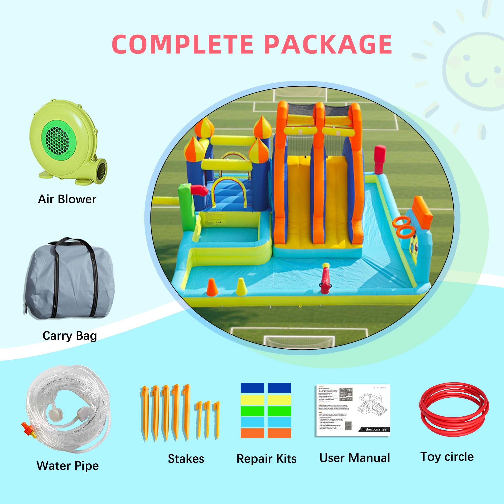 Blow Up Water Slides Two Long Slides Jumping Bouncy Castle for Kids Outdoor Inflatable Bounce House with 680W Blower for Kids Backyard