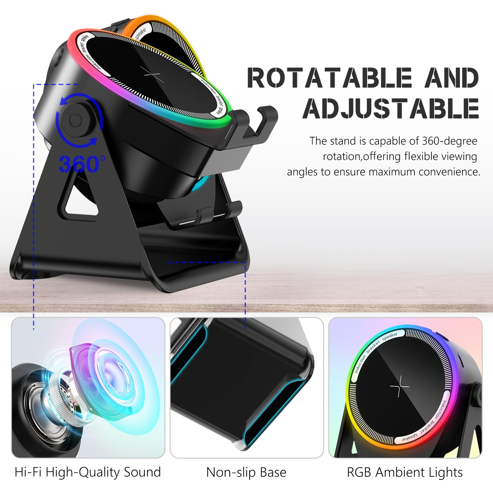Wireless Induction Speaker, 5-in-1 Bluetooth 5.3 Phone Stand with 360° Rotation & RGB Ambient Light - Cool Tech Gadgets Gifts for Men Women Dad Mom - Compatible iPhone/Android/iPad/Samsung (Black)