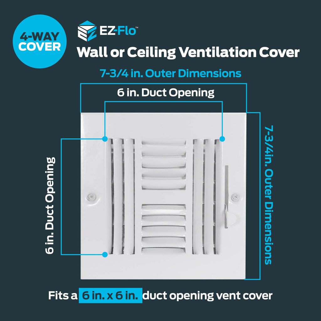 EZ-FLO 6 x 6 Inch (Duct Opening) Air Vent Cover for Wall or Ceiling, Four-Way Ventilation Register, Solid Steel HVAC Register Cover, White, 61617