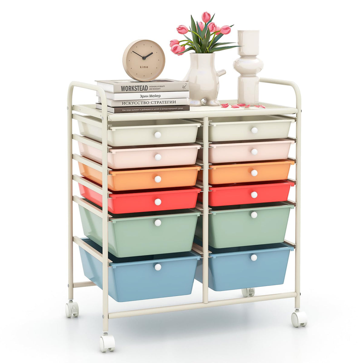 LDAILY 9 Drawer Rolling Storage Cart, Rolling Cart with Drawers for Classroom, Art Supply Craft Organizer on Wheel with Metal Frame & Handles for Home Office School