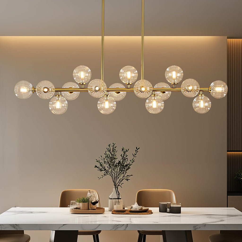 Modern Linear Chandeliers for Dining Room, 8-Light Globe Sputnik Pendant Ceiling Light, Black Dining Room Light Fixture Over Table, Mid Century Glass Milk White Bubble, 31.5 Inch, GC-09
