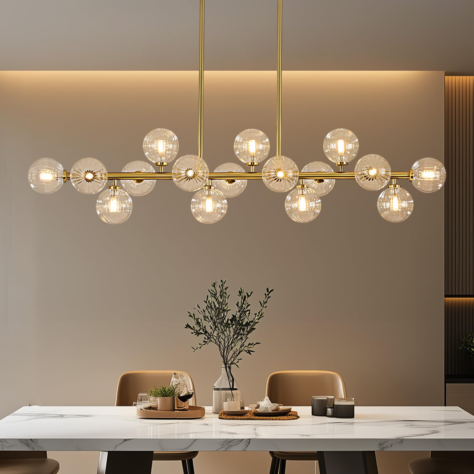 Modern Linear Chandeliers for Dining Room, 8-Light Globe Sputnik Pendant Ceiling Light, Black Dining Room Light Fixture Over Table, Mid Century Glass Milk White Bubble, 31.5 Inch, GC-09