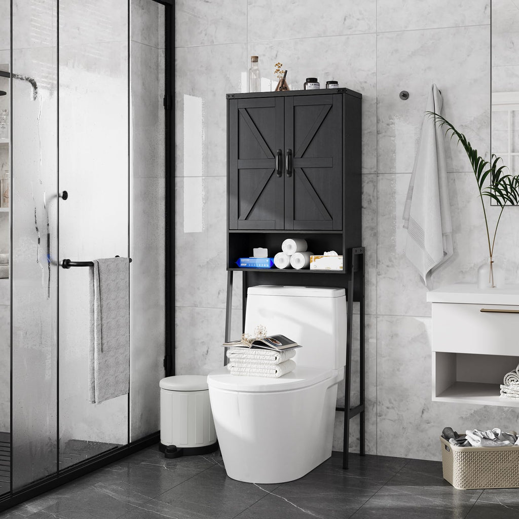 Vabches Over The Toilet Storage Cabinet with 2-Door Design Bathroom Organizers and Storage with Anti-Tip Device Over Toilet Organizer with Shelves for Bathroom,Restroom,Laundry Black