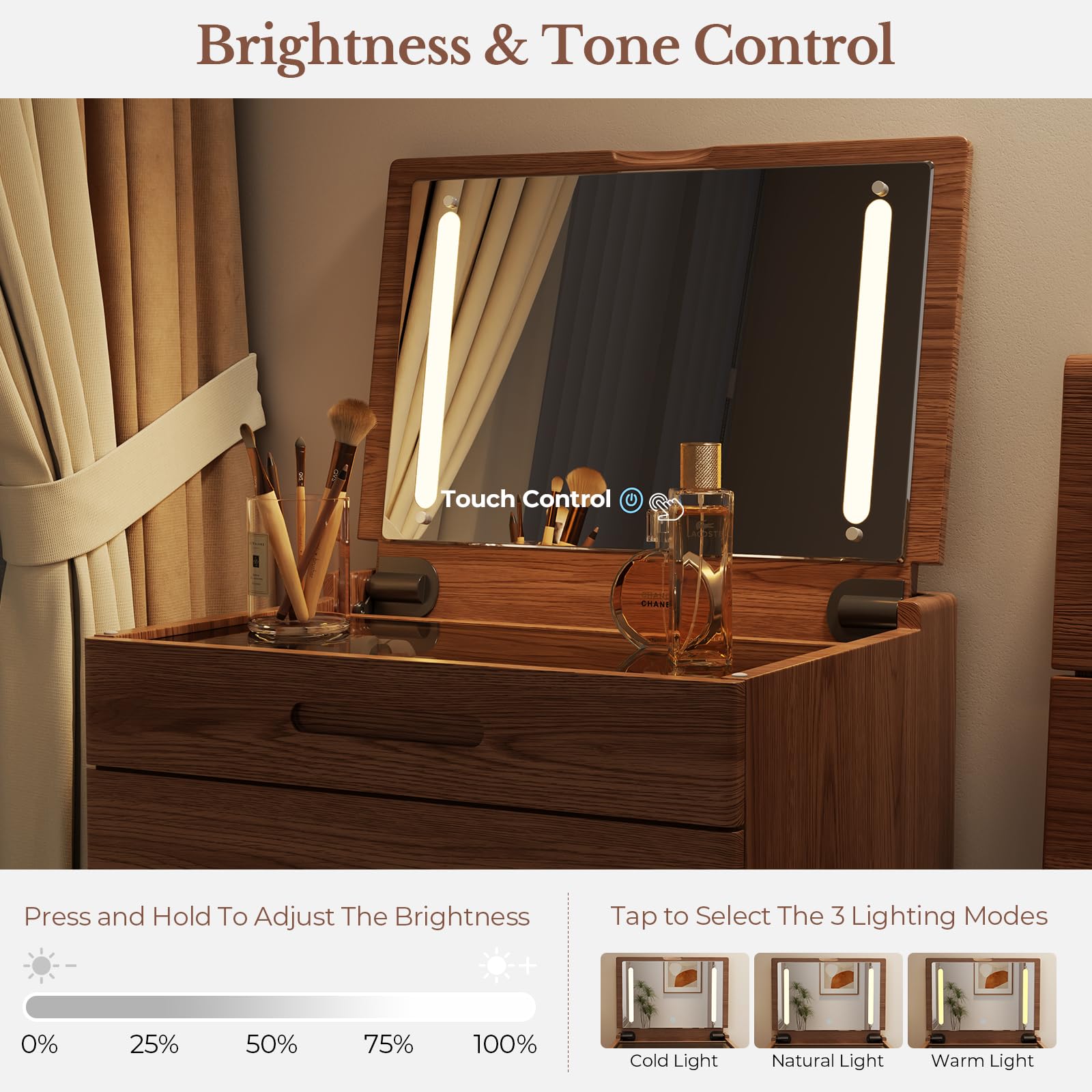 Muwuele Solid Wood Small Vanity Desk with Mirror and Lights, Narrow Makeup Vanity for Small Space, Flip Top Vanity Side Table, 3 Color Modes & Adjustable Brightness, 19.6" Slim Dressing Table, Black