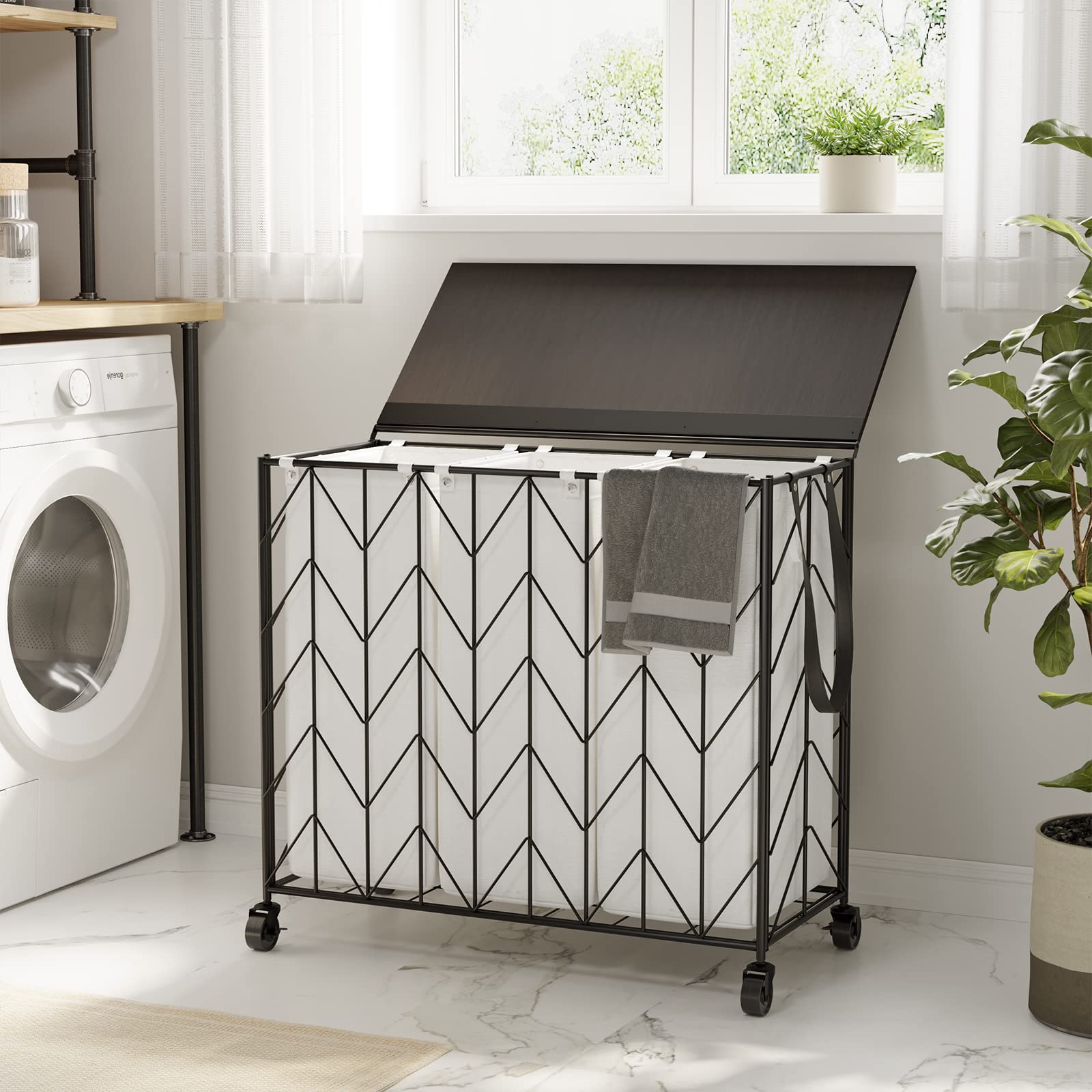WOWLIVE Laundry Basket with Wheels, Heavy Duty Laundry Hamper with Wood Lid, Clothes Hamper with Divided Removable Liner Bag, Large Capacity Iron-Made Laundry Sorter Laundry Room Organization (Beige)