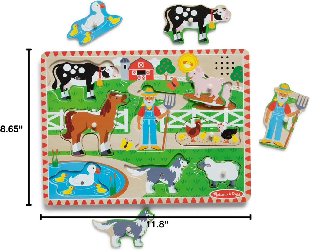 Melissa & Doug Old MacDonald's Farm Song Puzzle – 8-Piece Wooden Peg Puzzle with Light-Activated Sounds, Music Learning Toy for Toddlers and Preschoolers Ages 2+