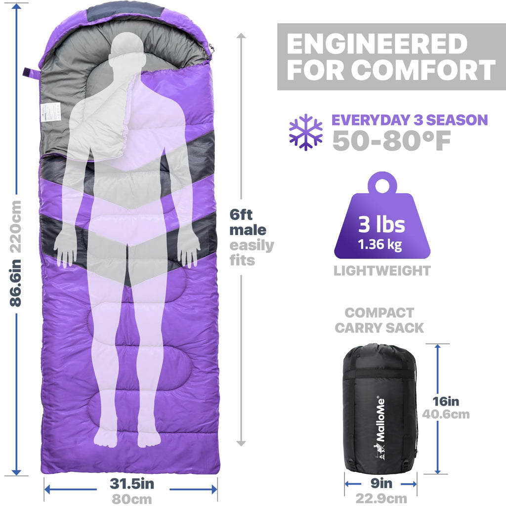 MalloMe Sleeping Bags for Adults Cold Weather & Warm - Backpacking Camping Sleeping Bag for Kids, Girls, Boys - Lightweight Camping Essentials Gear Accessories Hiking Sleep Must Haves Single & Double