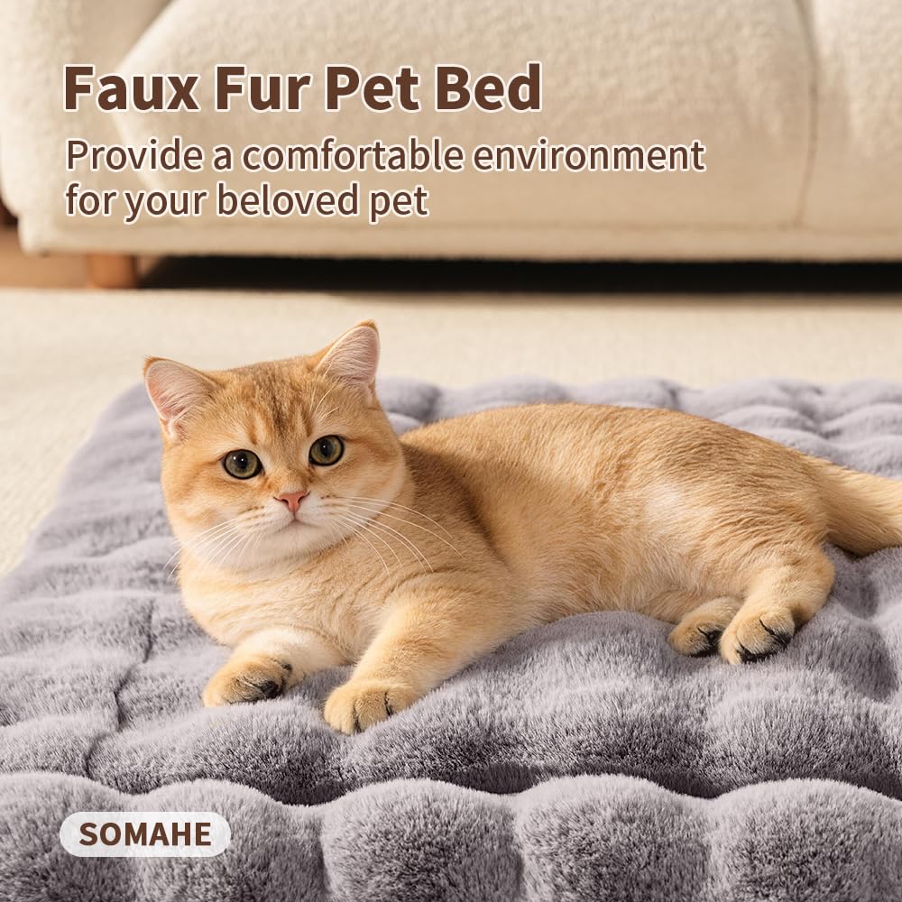 SOMAHE Cat Bed Mat, Soft Plush Faux Fur Kneading Pet Bed, Machine Washable Cat Sleeping Pad for Indoor Cats & Kittens, Non-Slip Fluffy Cat Rug for Couch Sofa Floor, 23x15 Inch Grey