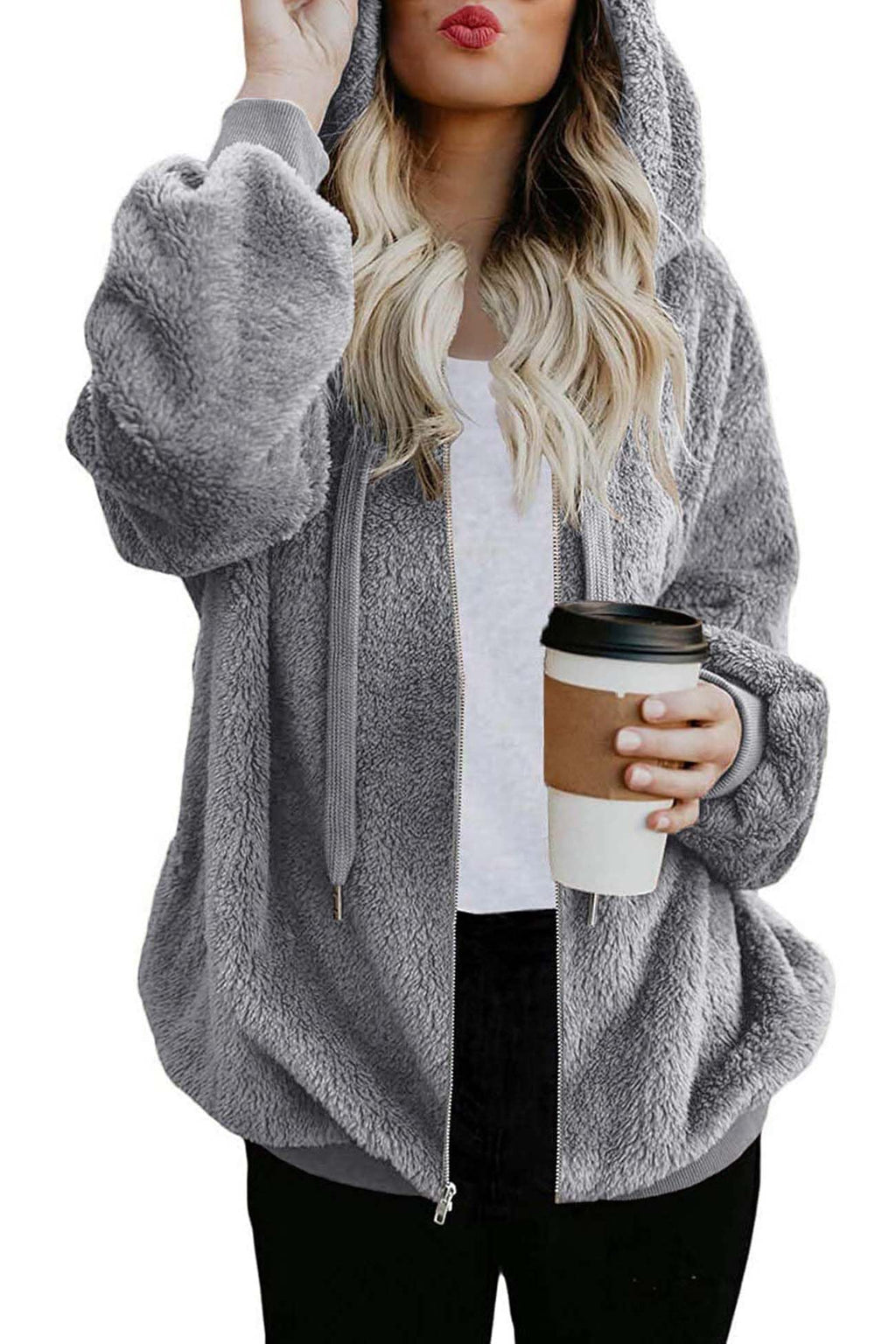 ReachMe Womens Oversized Sherpa Jacket Fuzzy Fleece Zip Up Hoodies with Pockets Warm Fall Outfits Winter Coats