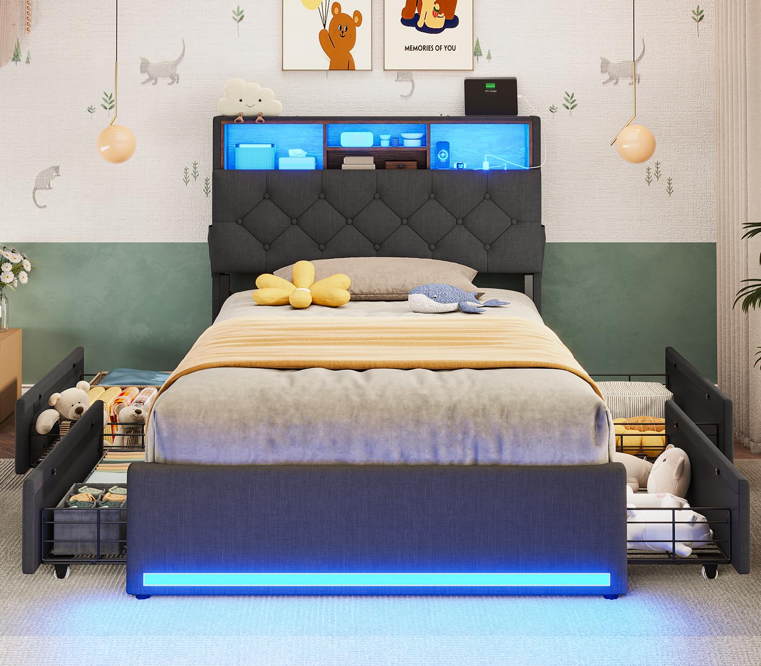 BTHFST Twin Bed Frames with Headboard & 4 Drawers, LED Bed Frame Twin with Charging Station, Upholstered and Metal Twin Bed with Storage, No Box Spring Needed, Black PU