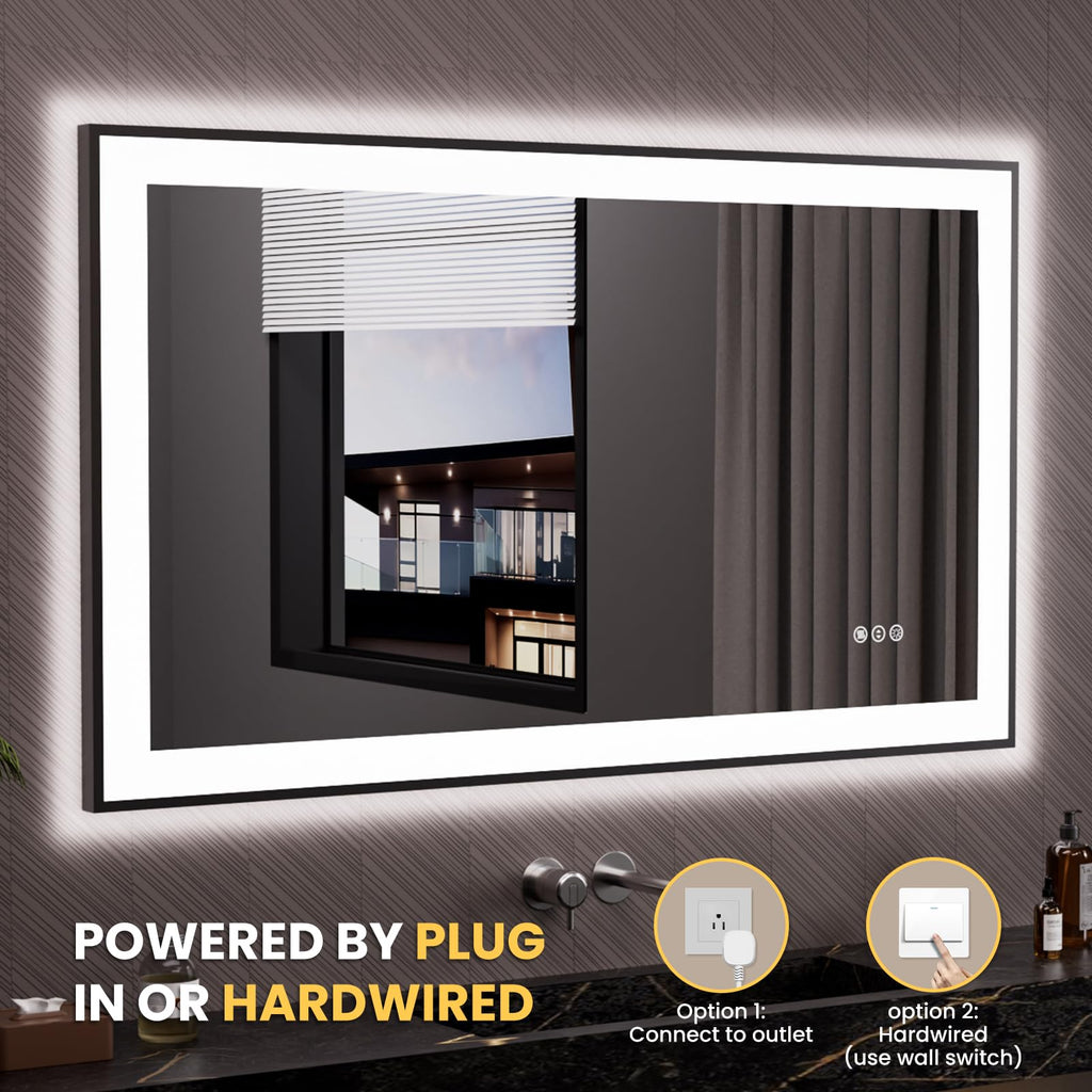 LOAAO 20"X28" LED Bathroom Mirror Black Framed | Anti-Fog, Dimmable, Memory Function, Tempered Glass, Lighted Vanity Mirror for Wall