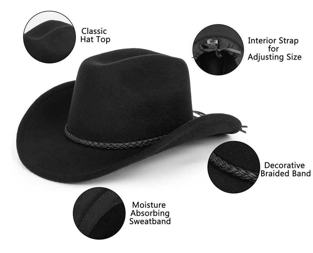 Vintage Western Cowboy Hat for Men Women - Wide Brim Cowgirl Fedora Hats with Braided Rope Band M