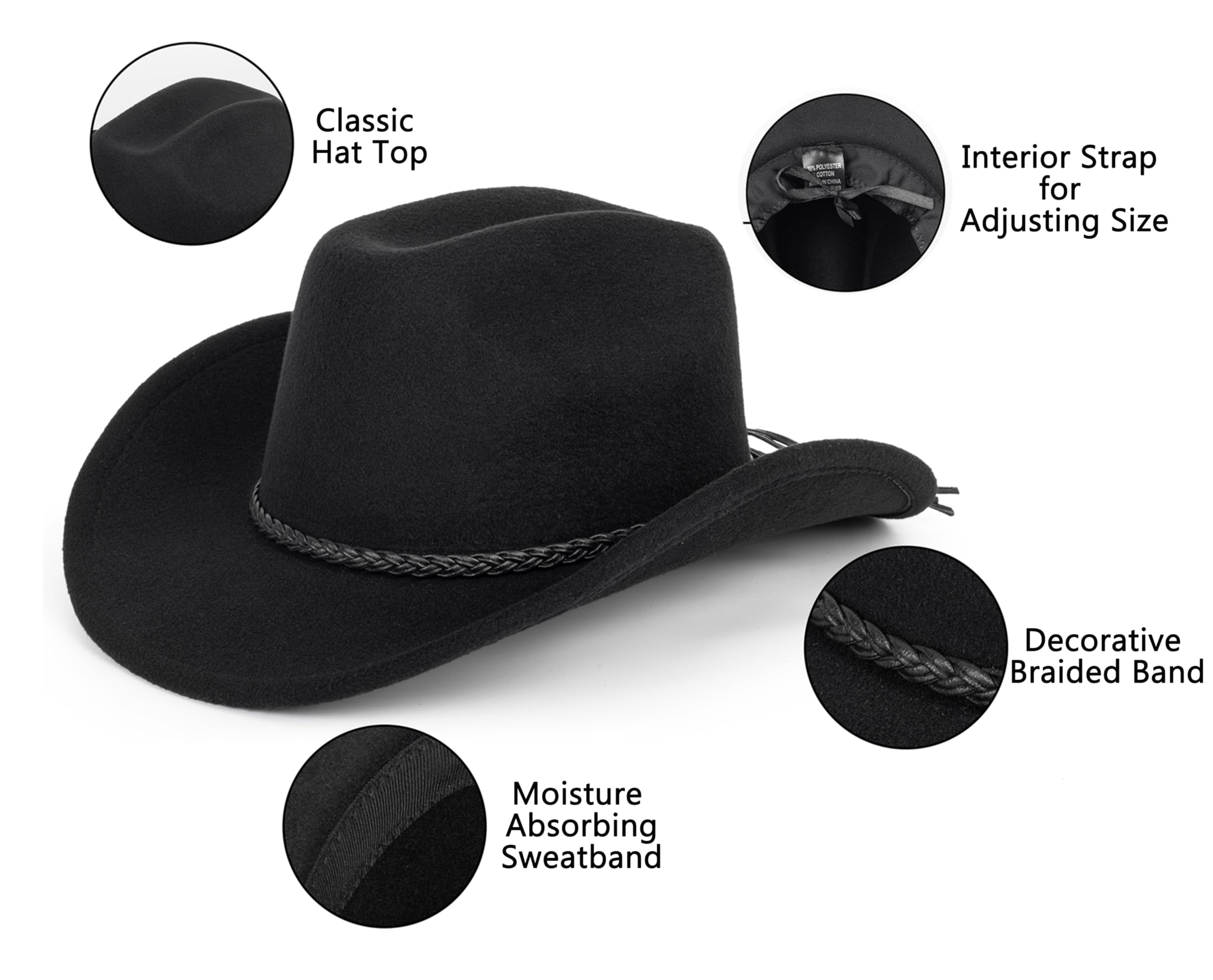 Vintage Western Cowboy Hat for Men Women - Wide Brim Cowgirl Fedora Hats with Braided Rope Band M