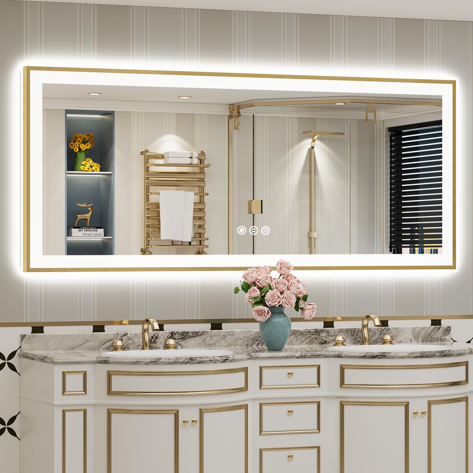 24x36 Gold Beveled LED Bathroom Mirror with Lights, Brushed Gold Framed Backlit and Front Lit Anti-Fog Lighted Vanity Mirrors for Bathroom Wall, Dimmable, 3 Colors, Memory, HD Tempered Glass
