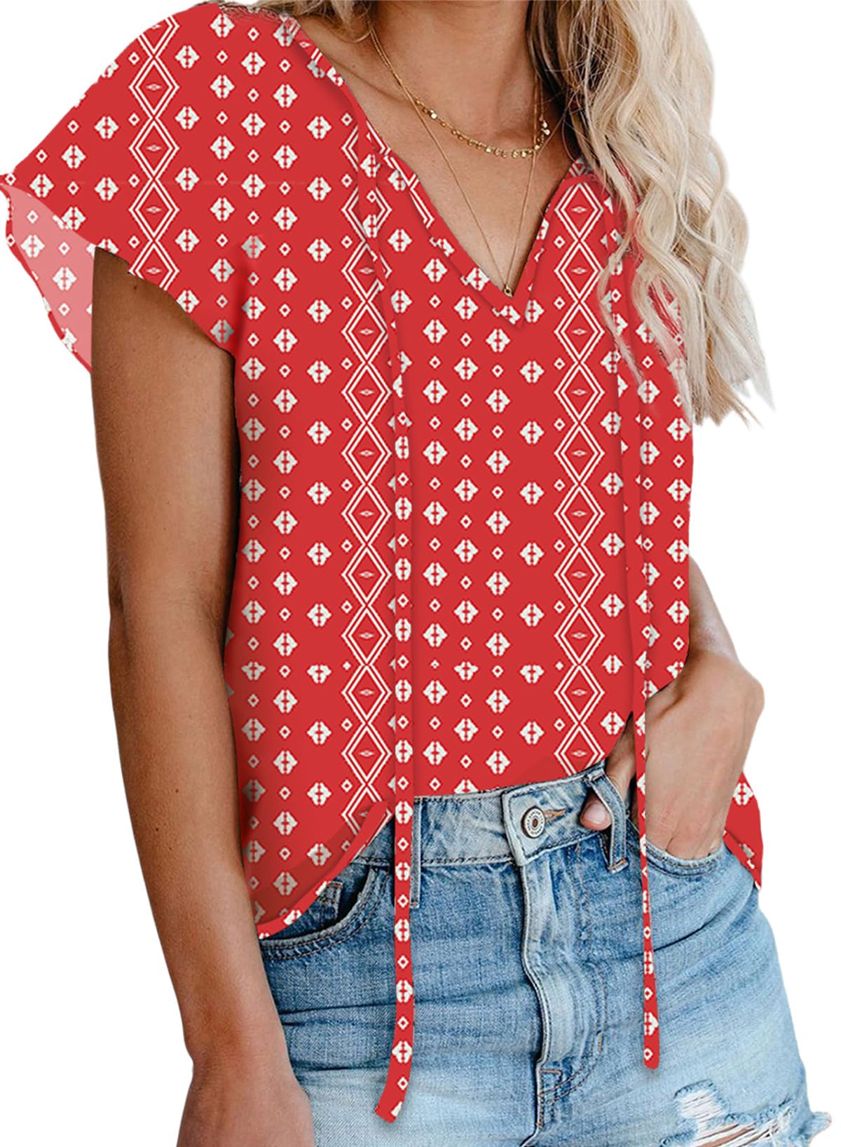 Biucly Women's Casual Boho Floral Print V Neck Long Sleeve Drawstring Tops Loose Blouses Button Down Shirts